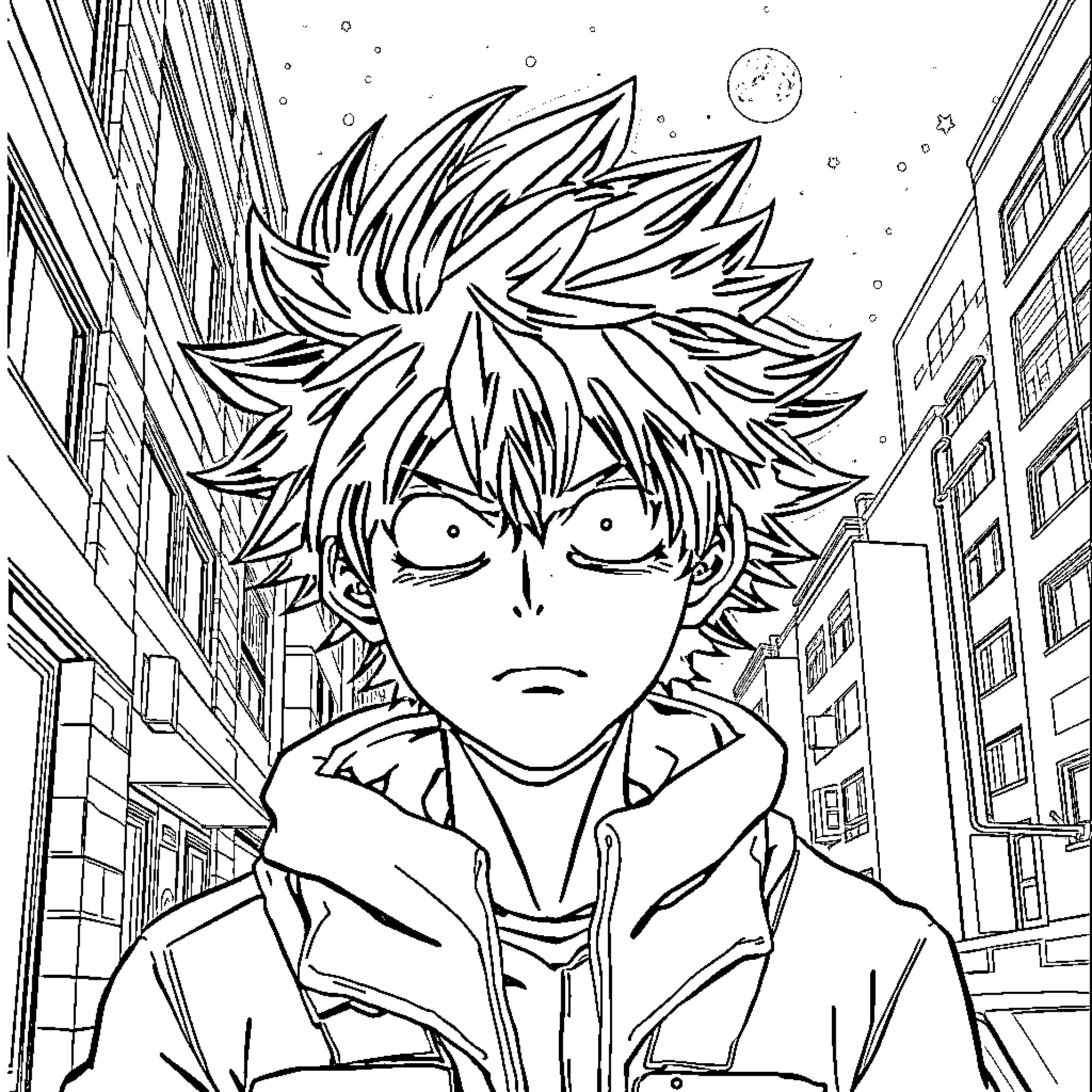 Eraserhead's Intense Gaze Amid Towering Buildings Coloring Page (free black-and-white line drawing printable PDF for all, from beginners to advanced learners, including children, teens, adults, and seniors)