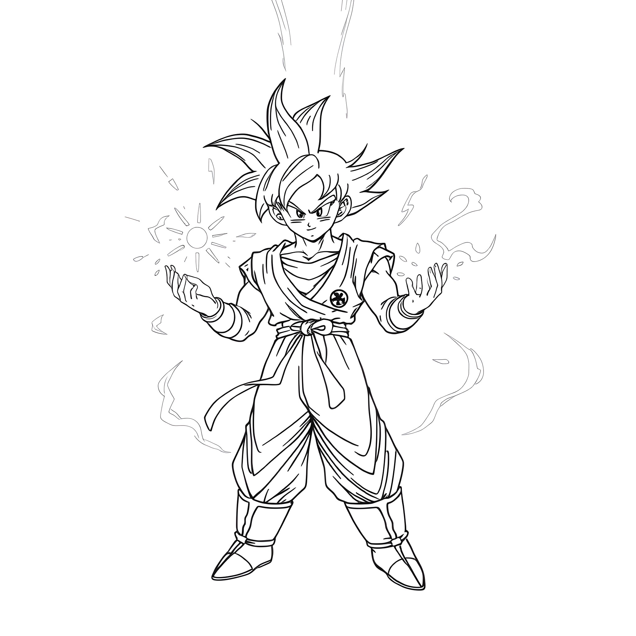 Goku in powerful fighting stance Coloring Page (free black-and-white line drawing printable PDF for all, from beginners to advanced learners, including children, teens, adults, and seniors)