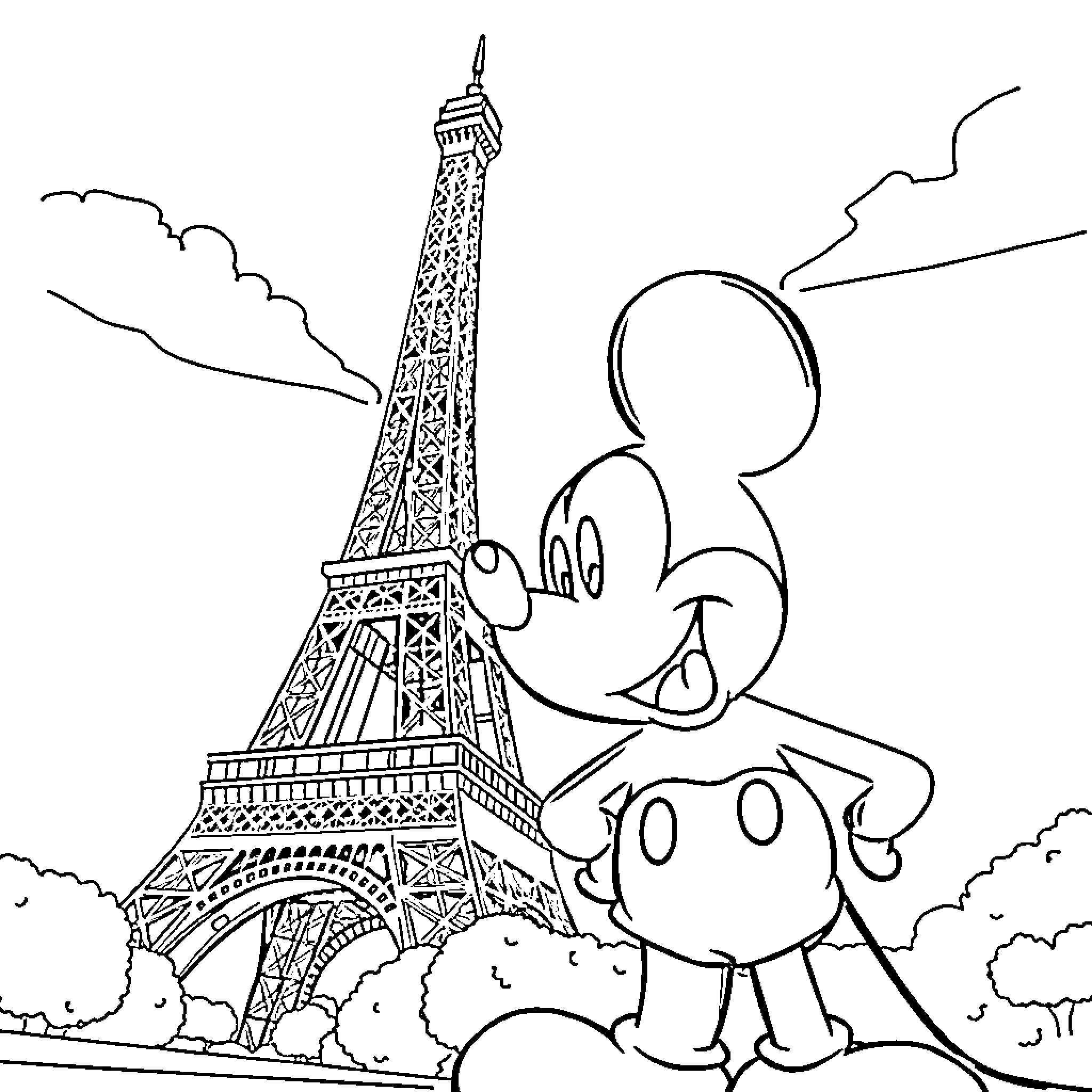 Mickey Mouse visits the Eiffel Tower in Paris Coloring Page (free black-and-white line drawing printable PDF for all, from beginners to advanced learners, including children, teens, adults, and seniors)
