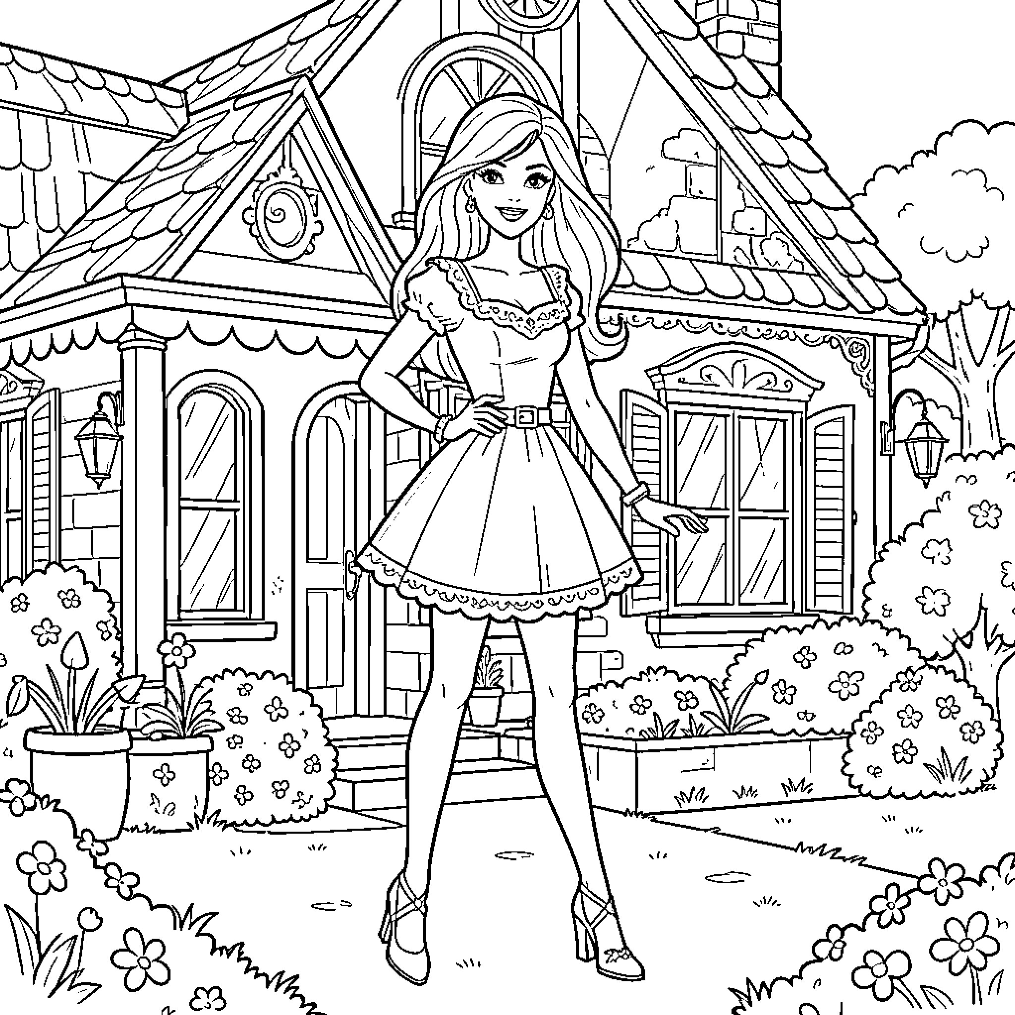 Barbie exploring a charming cottage in the countryside Coloring Page (free black-and-white line drawing printable PDF for all, from beginners to advanced learners, including children, teens, adults, and seniors)