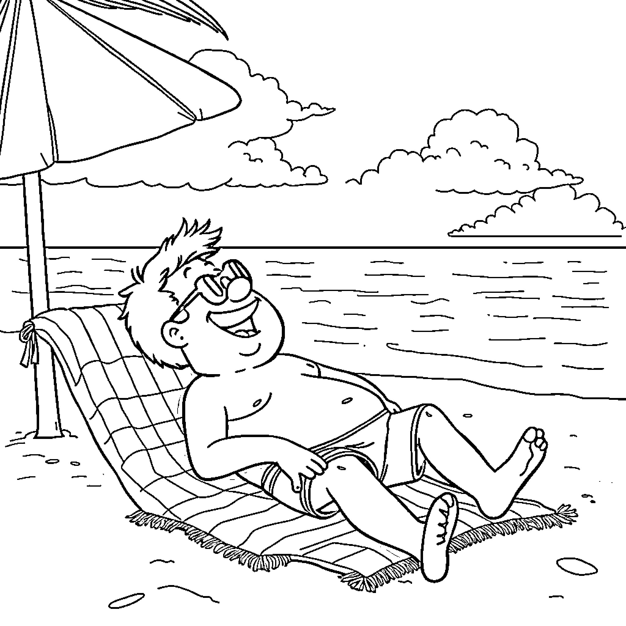 Gene relaxing on the beach under the sun Coloring Page (free black-and-white line drawing printable PDF for all, from beginners to advanced learners, including children, teens, adults, and seniors)