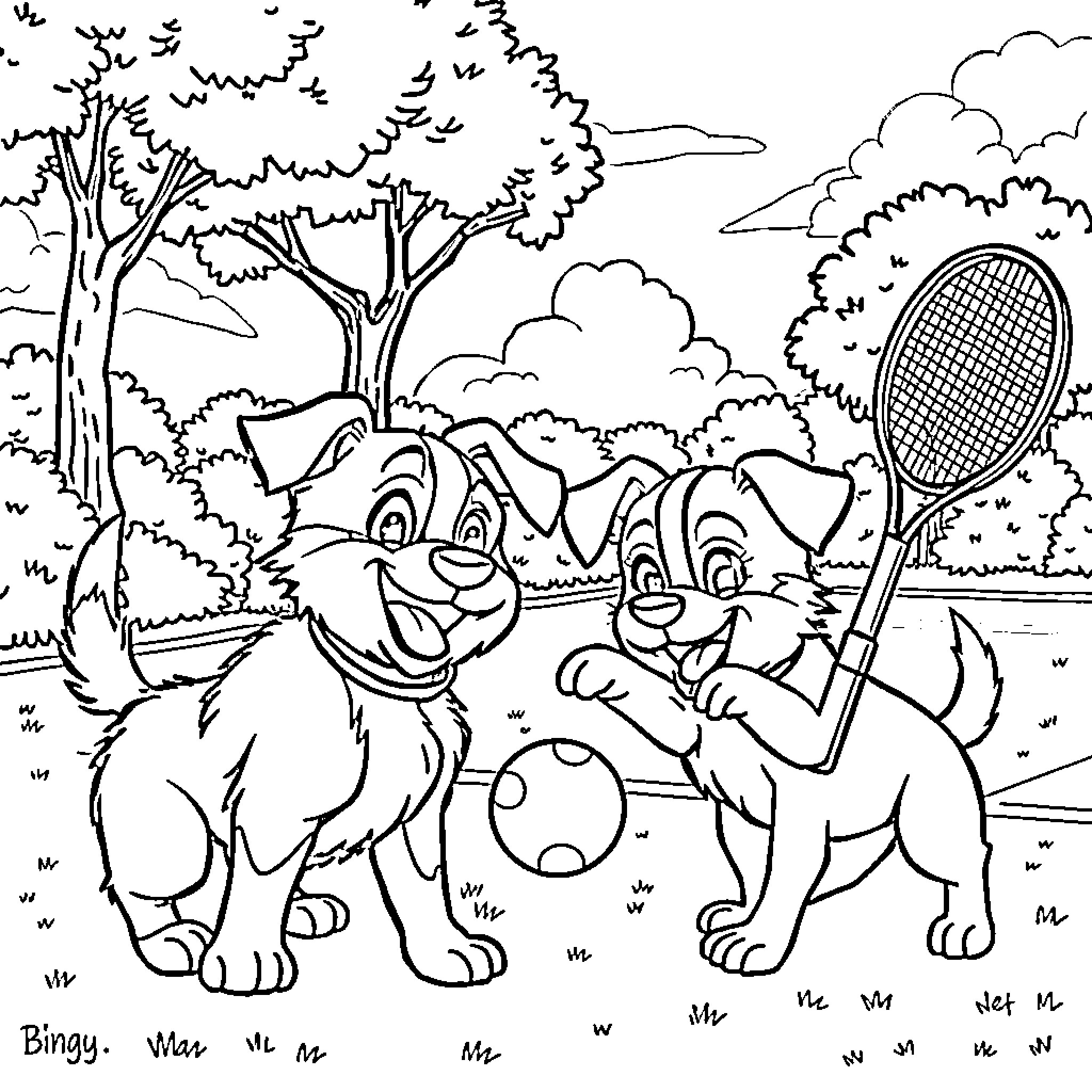 Bingo Playing Tennis with Cute Puppies Coloring Page (free black-and-white line drawing printable PDF for all, from beginners to advanced learners, including children, teens, adults, and seniors)