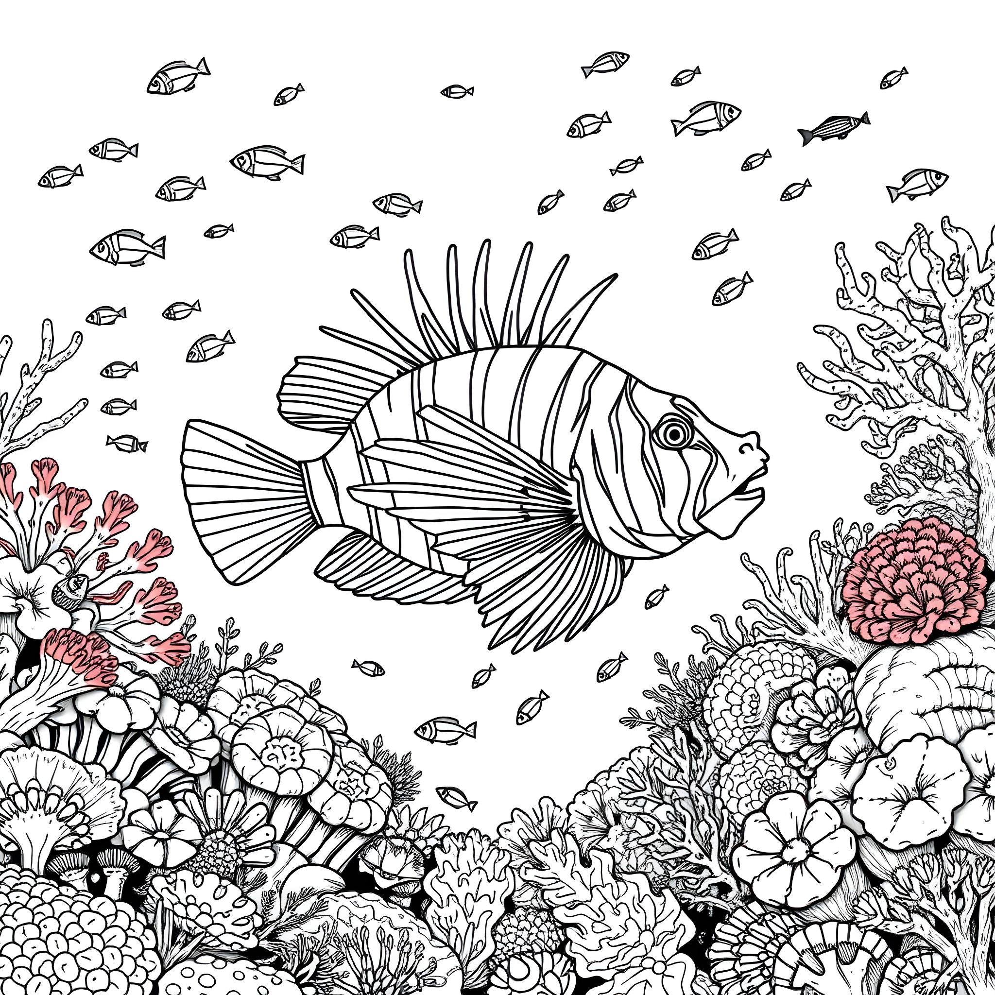 Lion Fish Swimming Among Vibrant Coral Reef Coloring Page (free black-and-white line drawing printable PDF for all, from beginners to advanced learners, including children, teens, adults, and seniors)