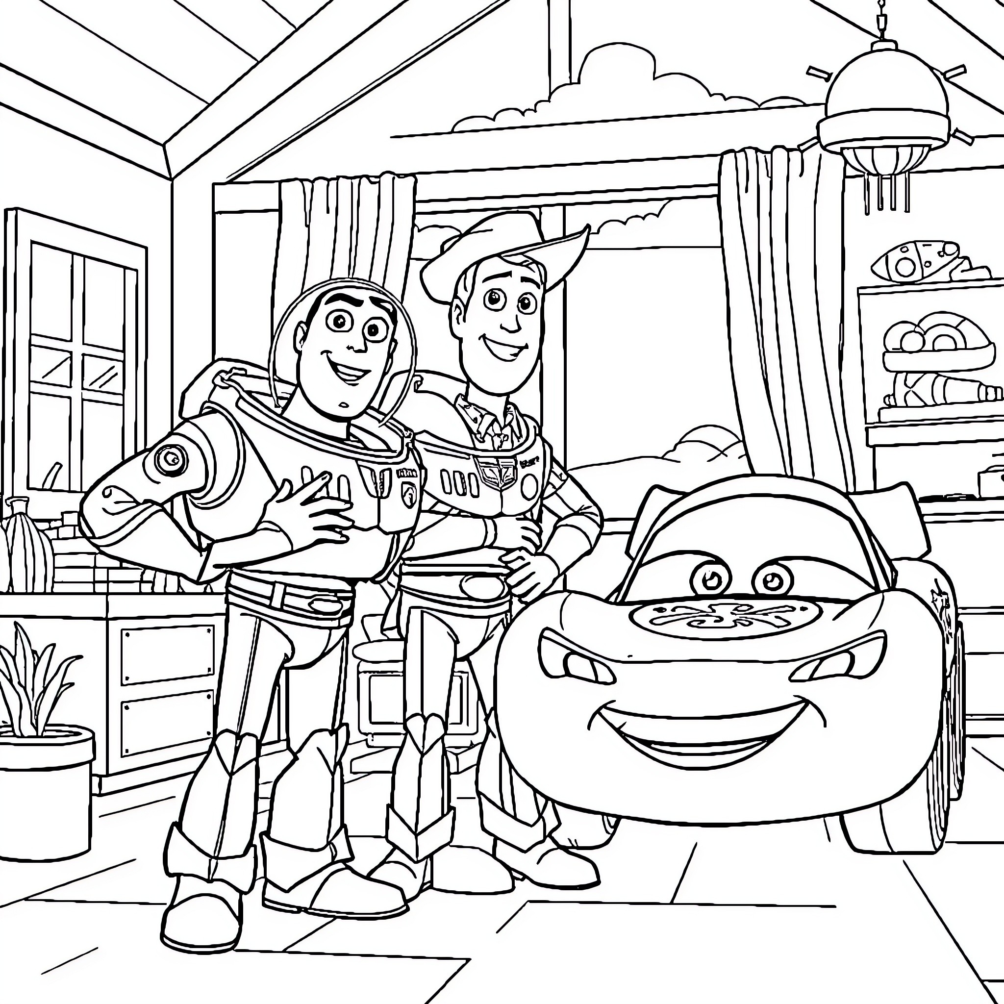 Toy Story Characters Hanging Out in a Garage Coloring Page (free black-and-white line drawing printable PDF for all, from beginners to advanced learners, including children, teens, adults, and seniors)
