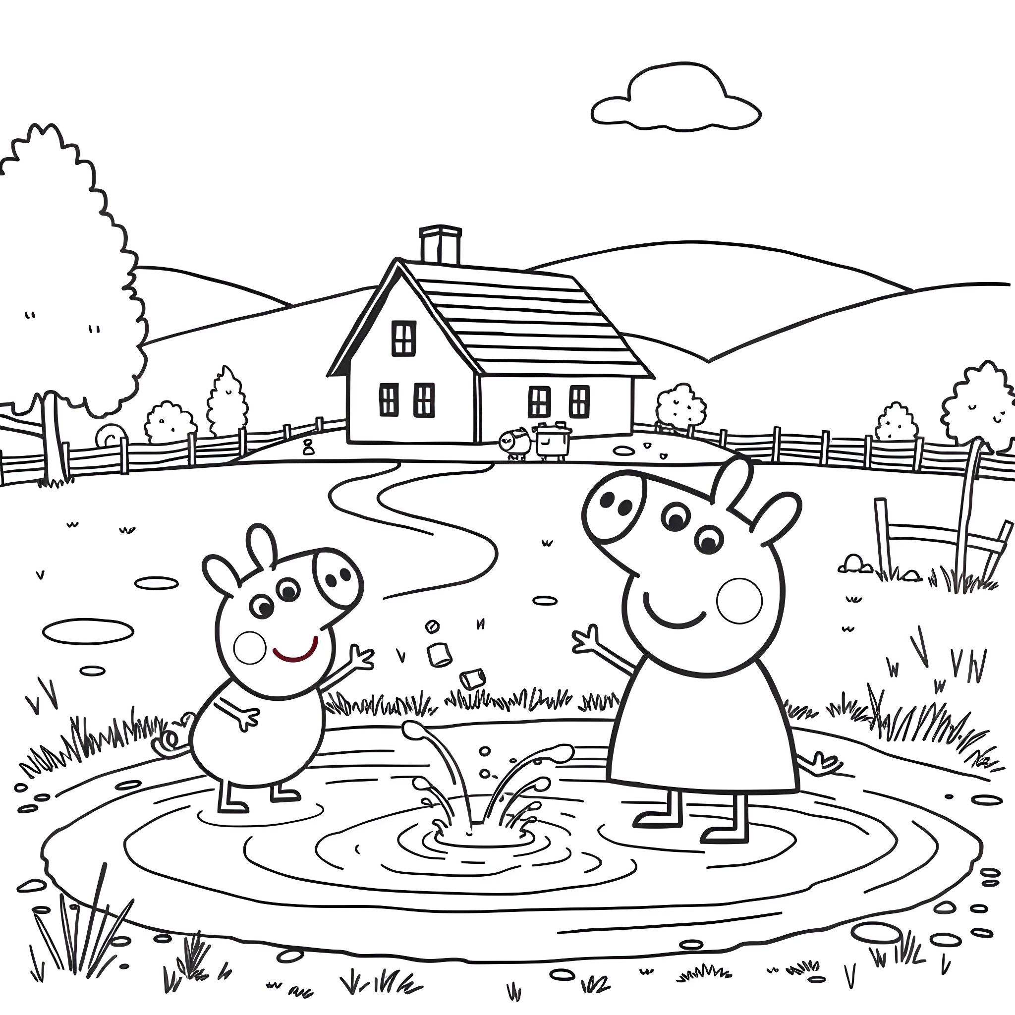 Peppa Pig and friends playing happily in the countryside Coloring Page (free black-and-white line drawing printable PDF for all, from beginners to advanced learners, including children, teens, adults, and seniors)