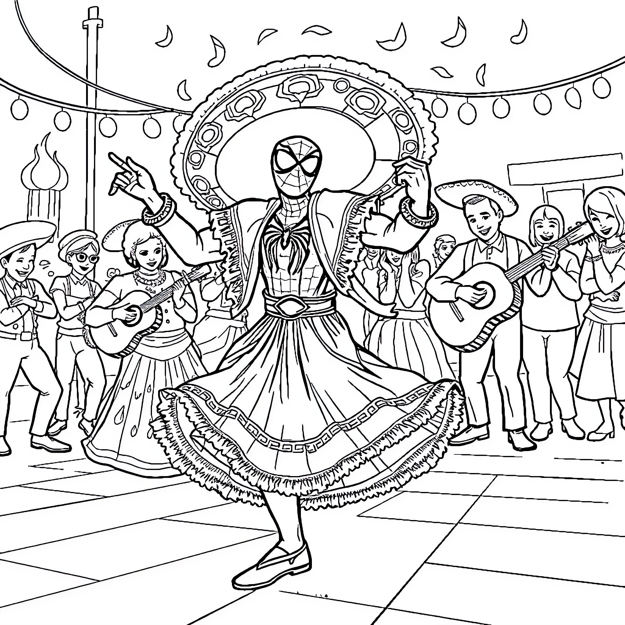 Spiderman celebrates Mexican festival with colorful outfit and dance Coloring Page (free black-and-white line drawing printable PDF for all, from beginners to advanced learners, including children, teens, adults, and seniors)