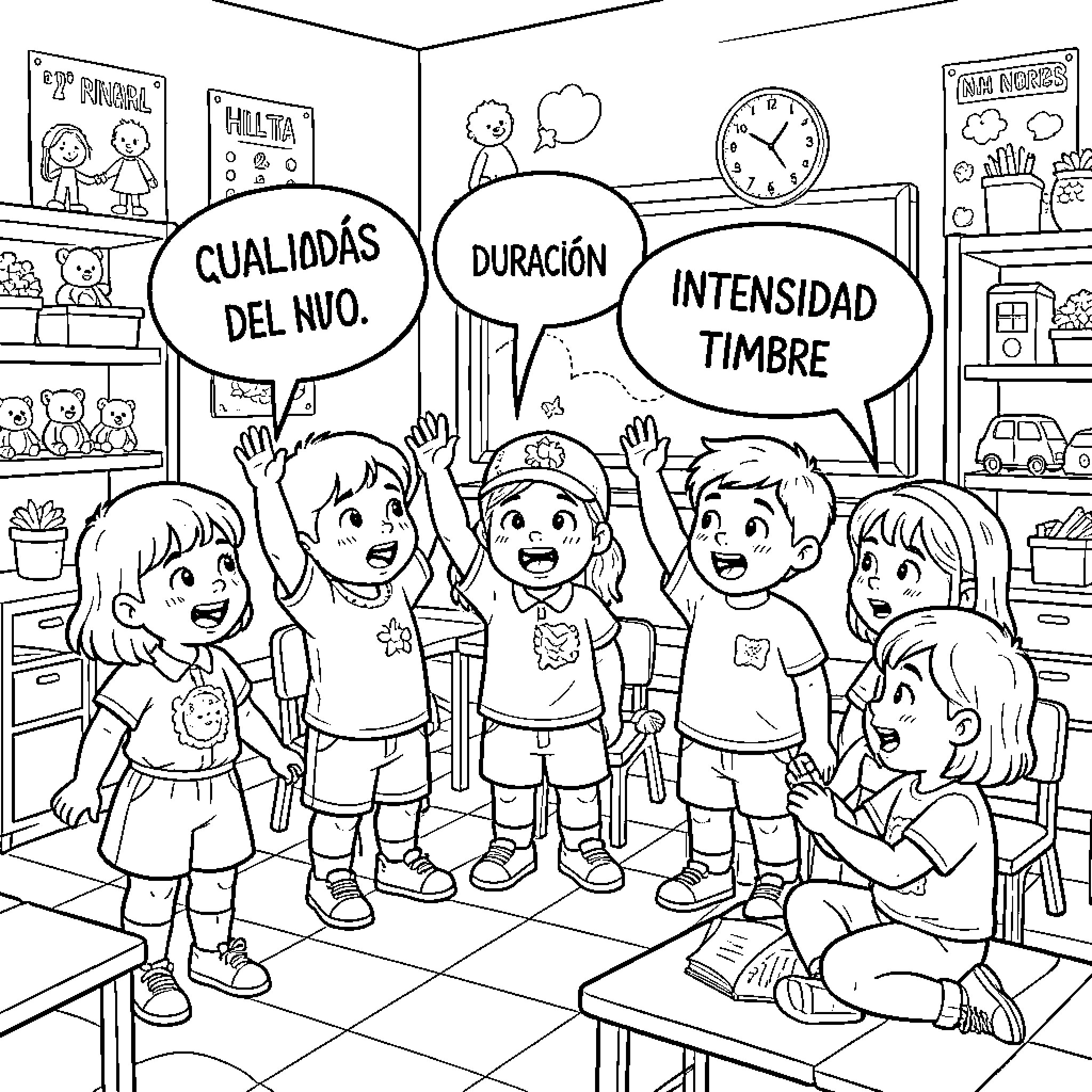 Niños juegan y aprenden en el aula Coloring Page (free black-and-white line drawing printable PDF for all, from beginners to advanced learners, including children, teens, adults, and seniors)