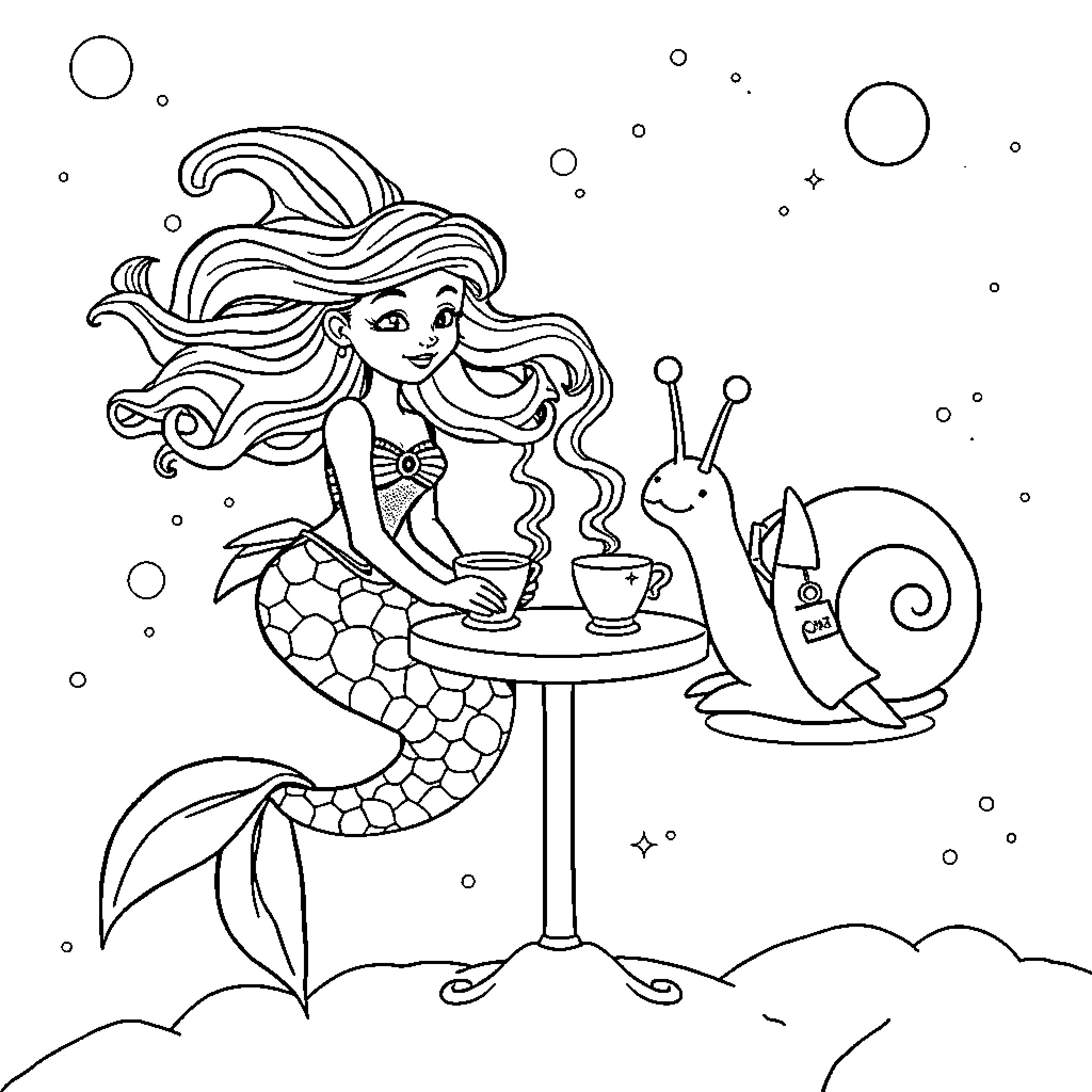 Mermaid Enjoying Tea with Snail Companion Coloring Page (free black-and-white line drawing printable PDF for all, from beginners to advanced learners, including children, teens, adults, and seniors)
