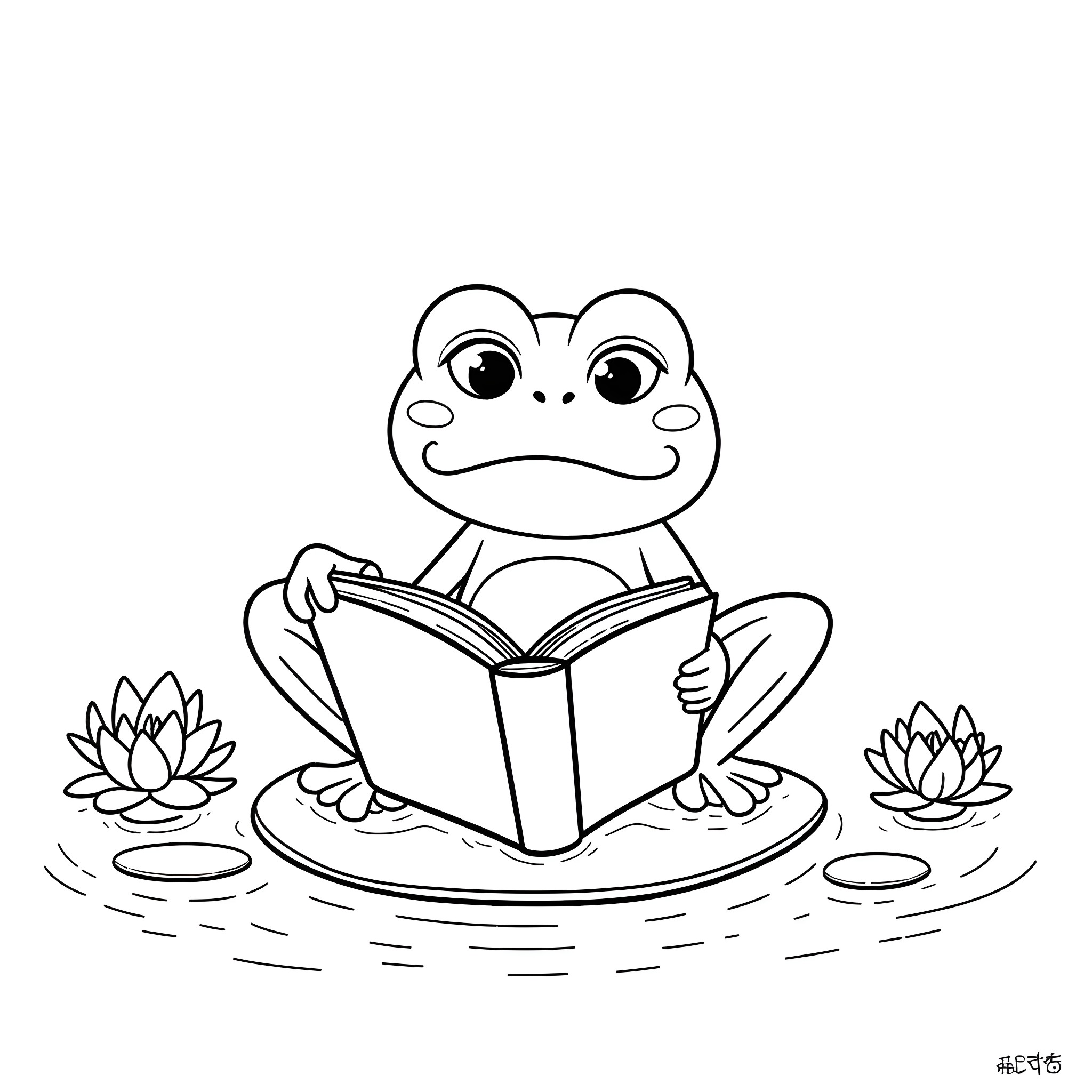 Frog reading a book on lily pads Coloring Page (free black-and-white line drawing printable PDF for all, from beginners to advanced learners, including children, teens, adults, and seniors)