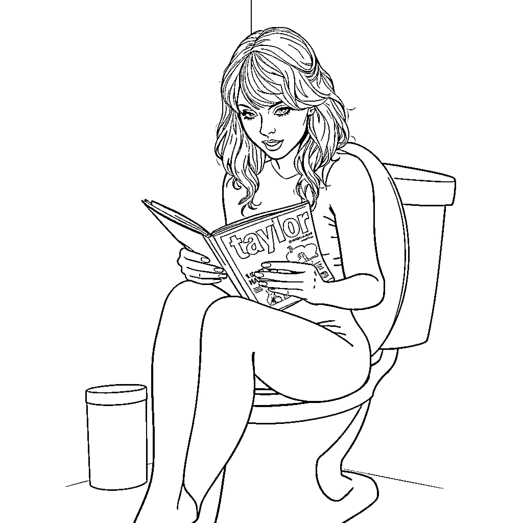 Taylor Swift reading a book in a chair Coloring Page (free black-and-white line drawing printable PDF for all, from beginners to advanced learners, including children, teens, adults, and seniors)