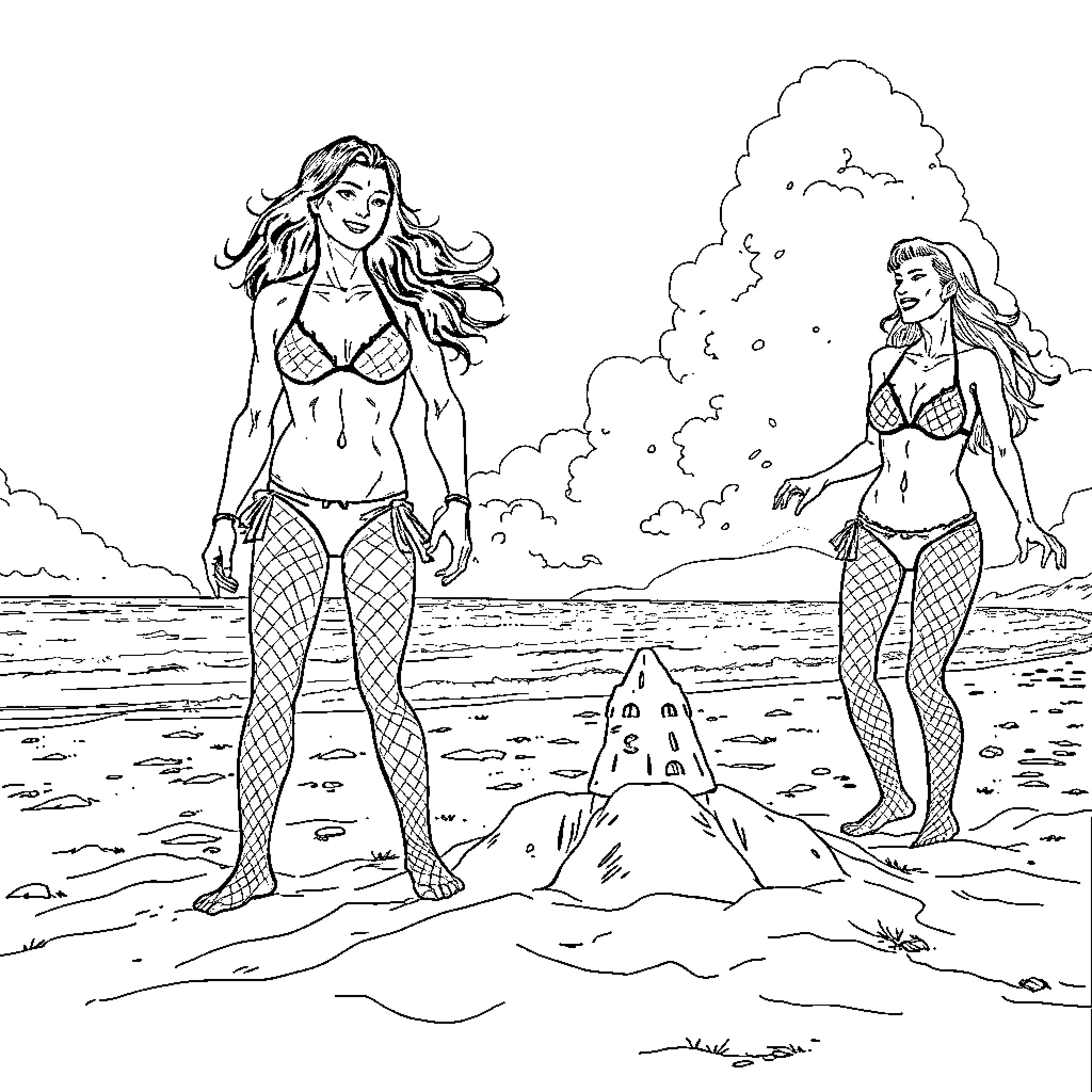 Sorcerer's Seashore Stroll: Enchantresses Explore the Waves Coloring Page (free black-and-white line drawing printable PDF for all, from beginners to advanced learners, including children, teens, adults, and seniors)
