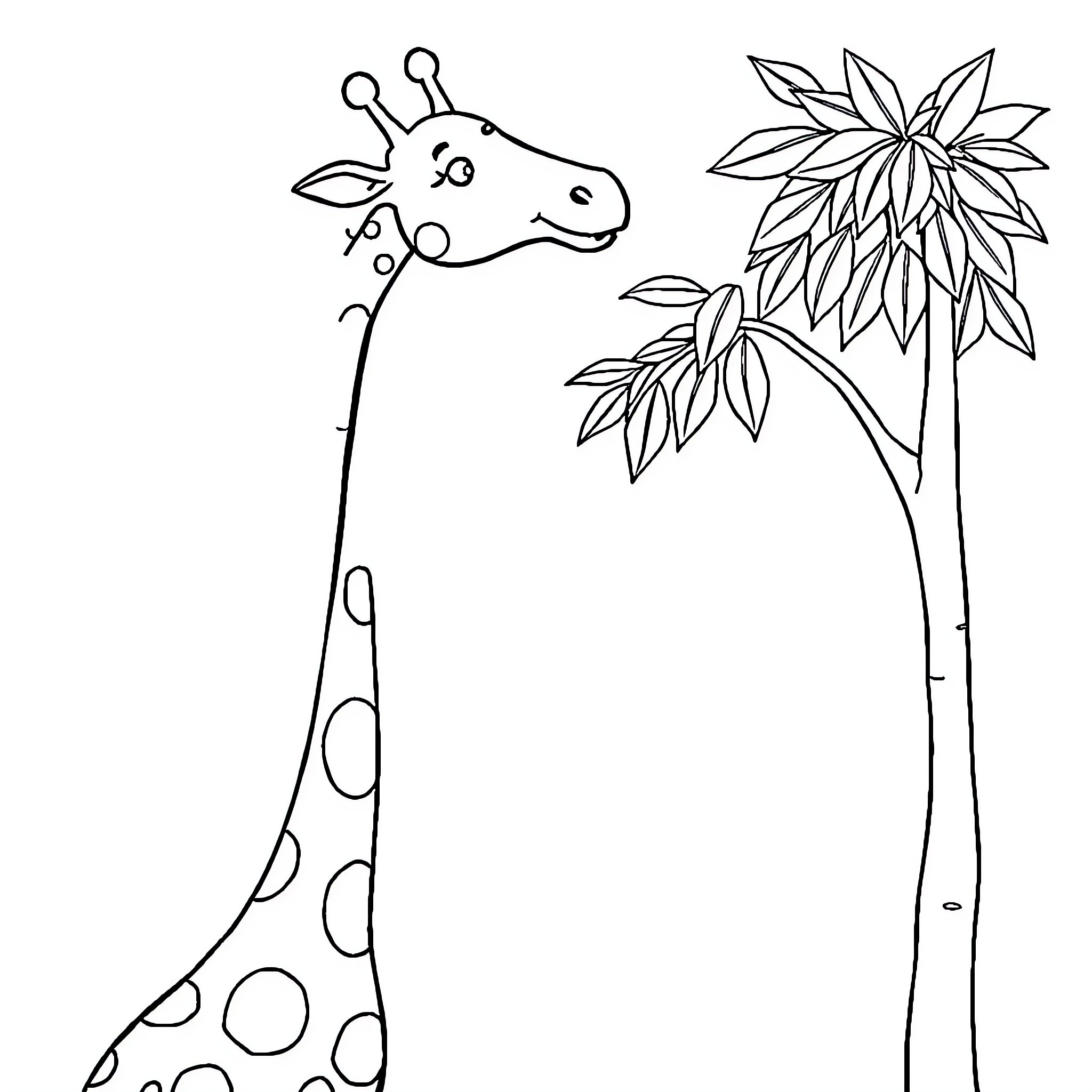 Giraffe peeking at palm tree Coloring Page (free black-and-white line drawing printable PDF for all, from beginners to advanced learners, including children, teens, adults, and seniors)