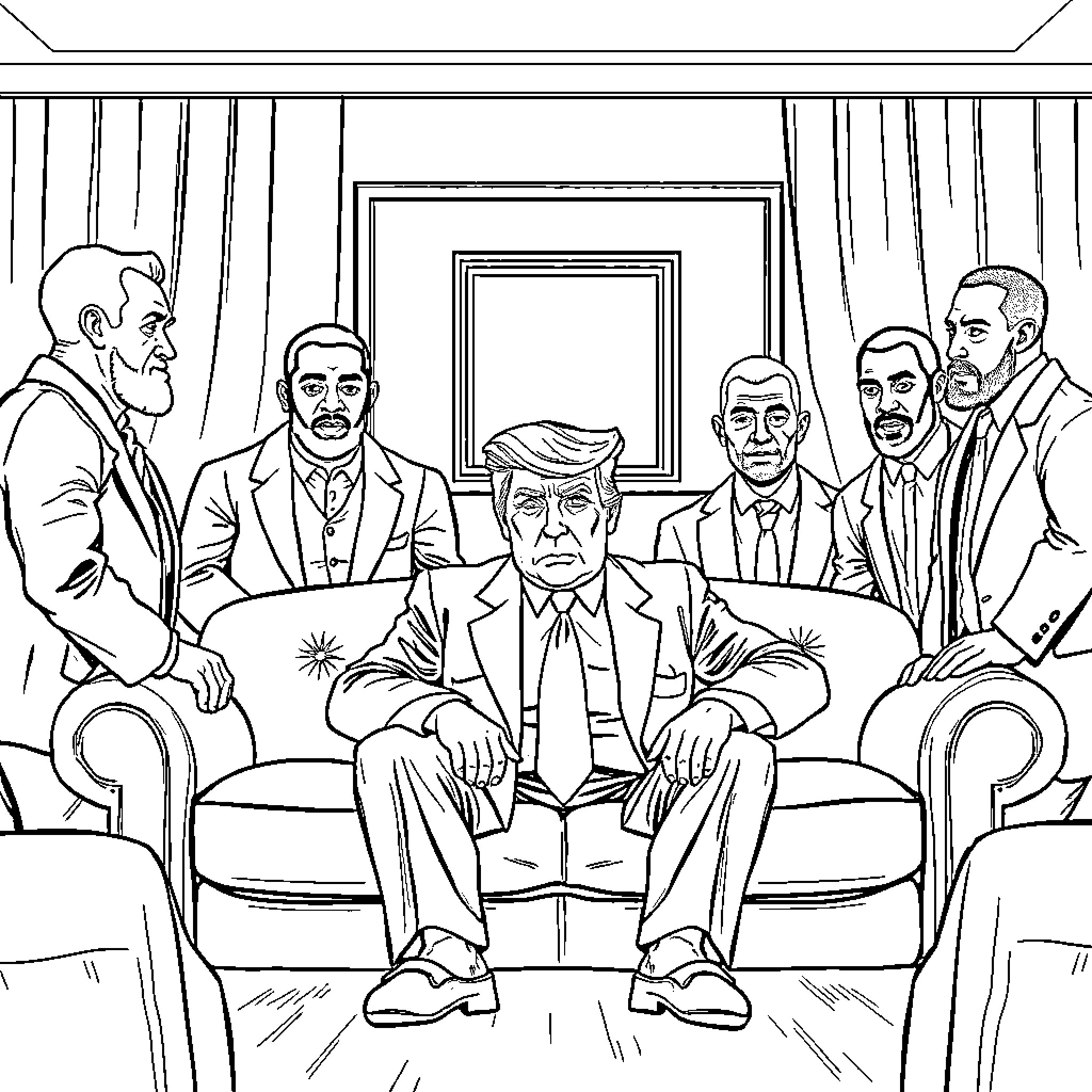 Donald Trump and associates in formal meeting Coloring Page (free black-and-white line drawing printable PDF for all, from beginners to advanced learners, including children, teens, adults, and seniors)