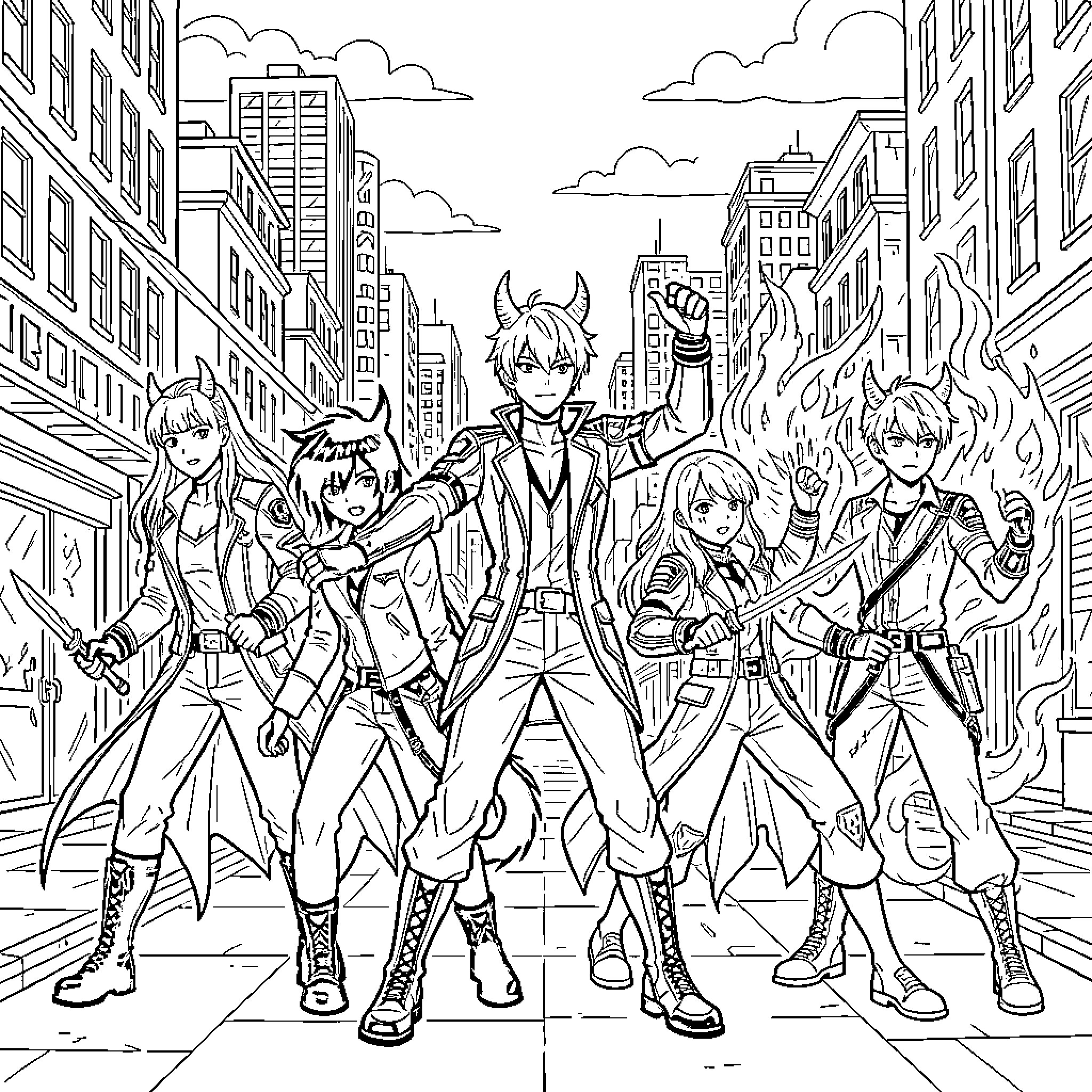Demon Hunter Squad in Action Amid Urban Chaos Coloring Page (free black-and-white line drawing printable PDF for all, from beginners to advanced learners, including children, teens, adults, and seniors)
