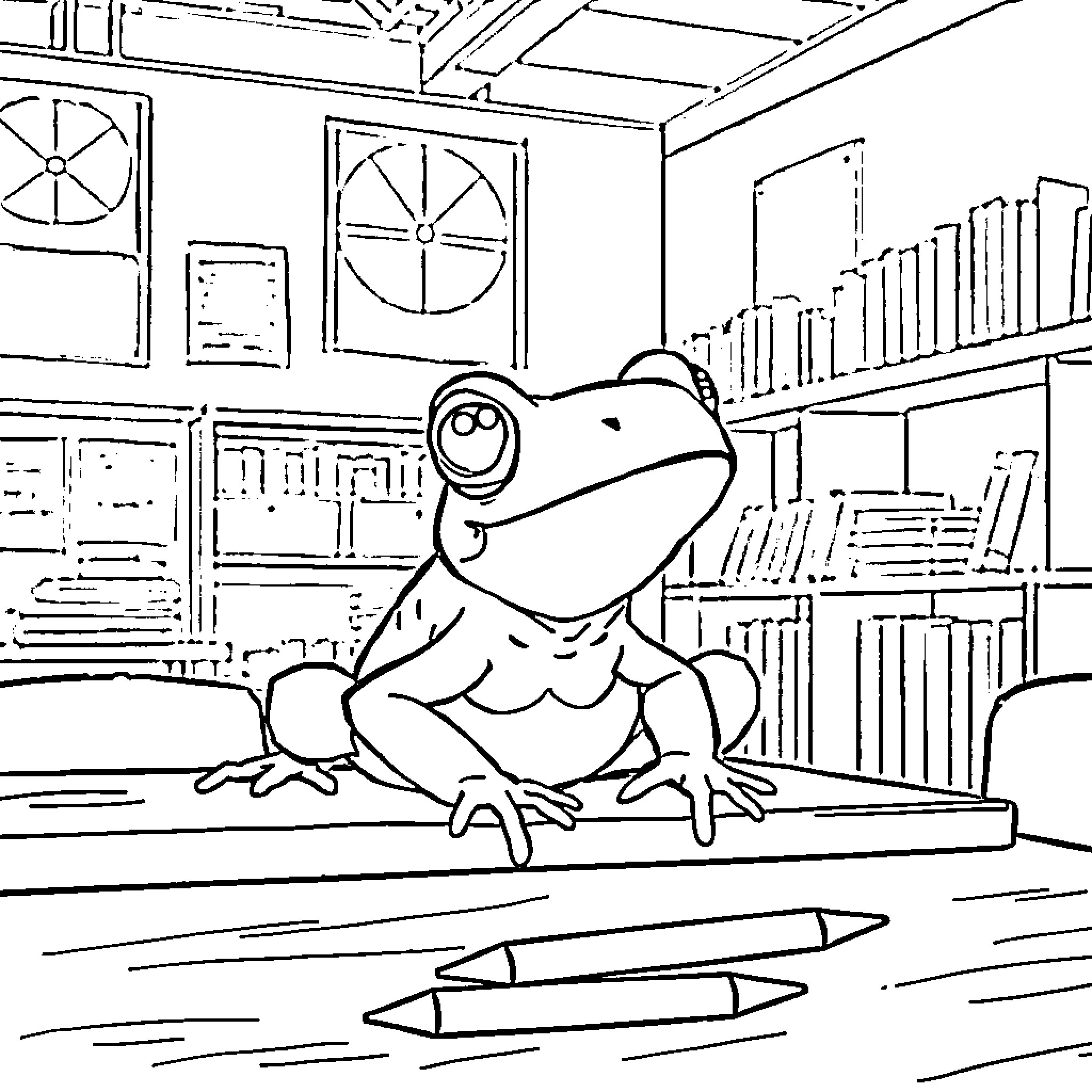 Frog exploring a busy library scene Coloring Page (free black-and-white line drawing printable PDF for all, from beginners to advanced learners, including children, teens, adults, and seniors)