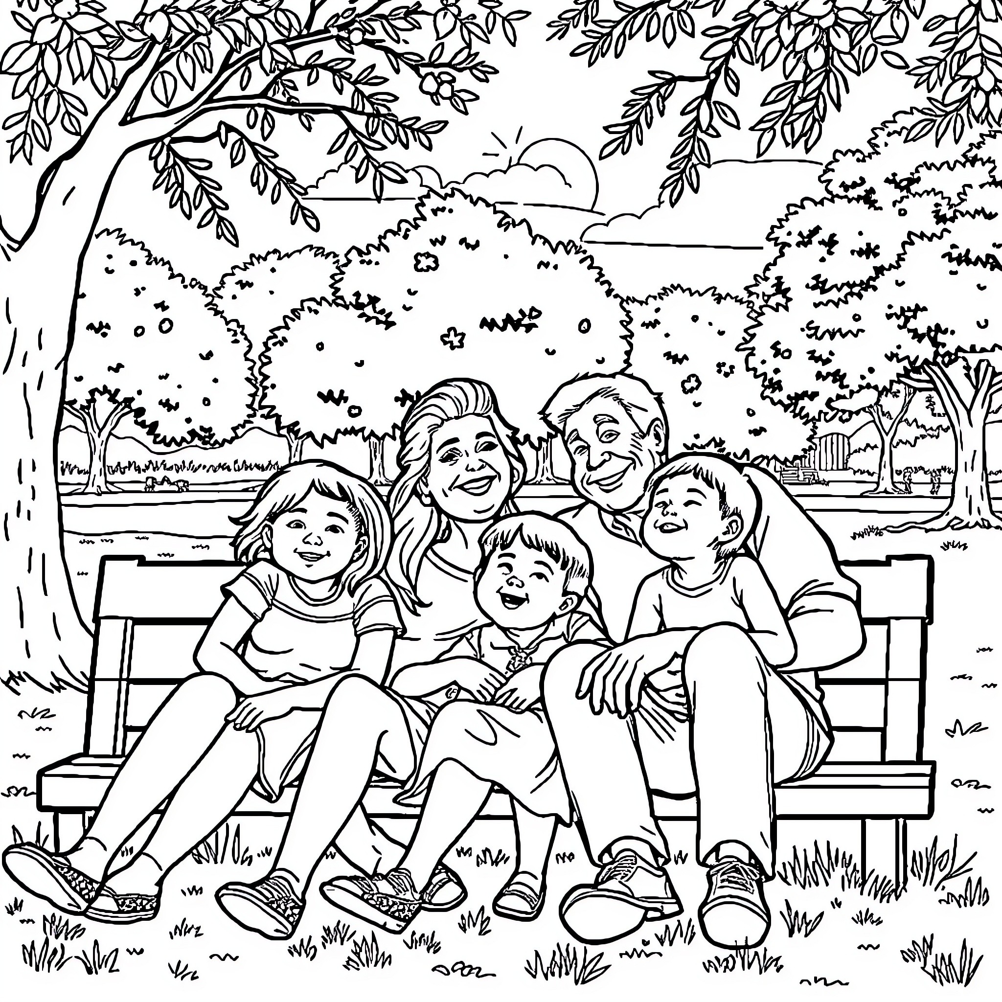 Family enjoying the outdoors on a park bench Coloring Page (free black-and-white line drawing printable PDF for all, from beginners to advanced learners, including children, teens, adults, and seniors)