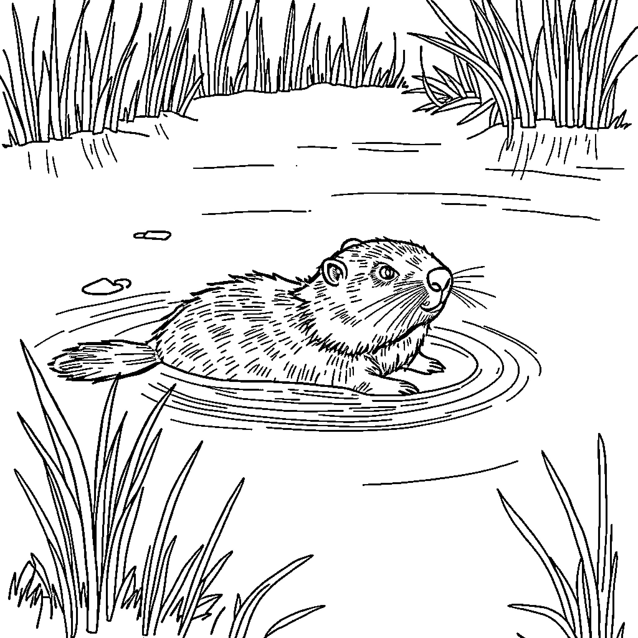Groundhog swimming in a pond Coloring Page (free black-and-white line drawing printable PDF for all, from beginners to advanced learners, including children, teens, adults, and seniors)