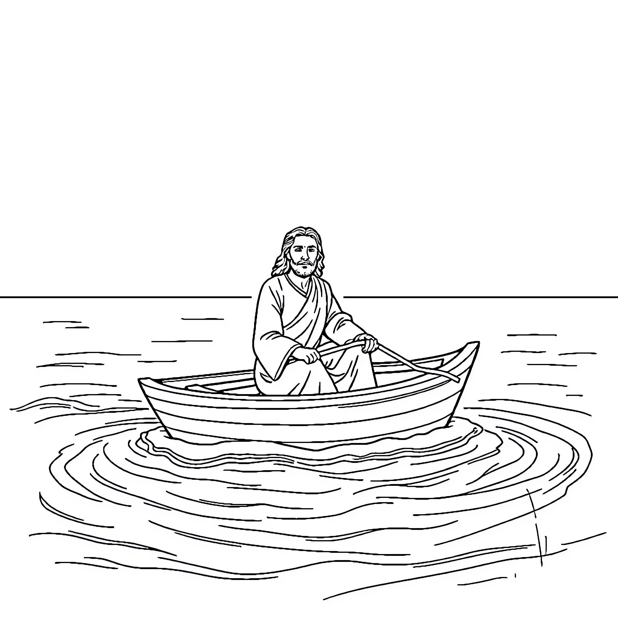Jesus Preaching from a Boat on Calm Waters Coloring Page (free black-and-white line drawing printable PDF for all, from beginners to advanced learners, including children, teens, adults, and seniors)