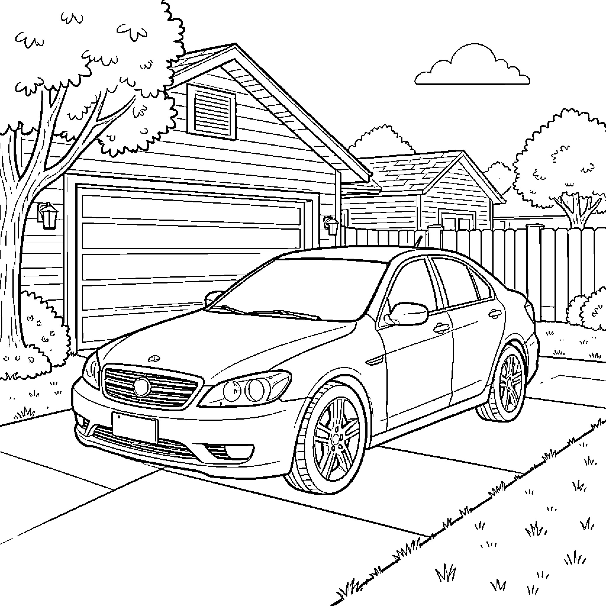 Car parked in a driveway in front of a house Coloring Page (free black-and-white line drawing printable PDF for all, from beginners to advanced learners, including children, teens, adults, and seniors)