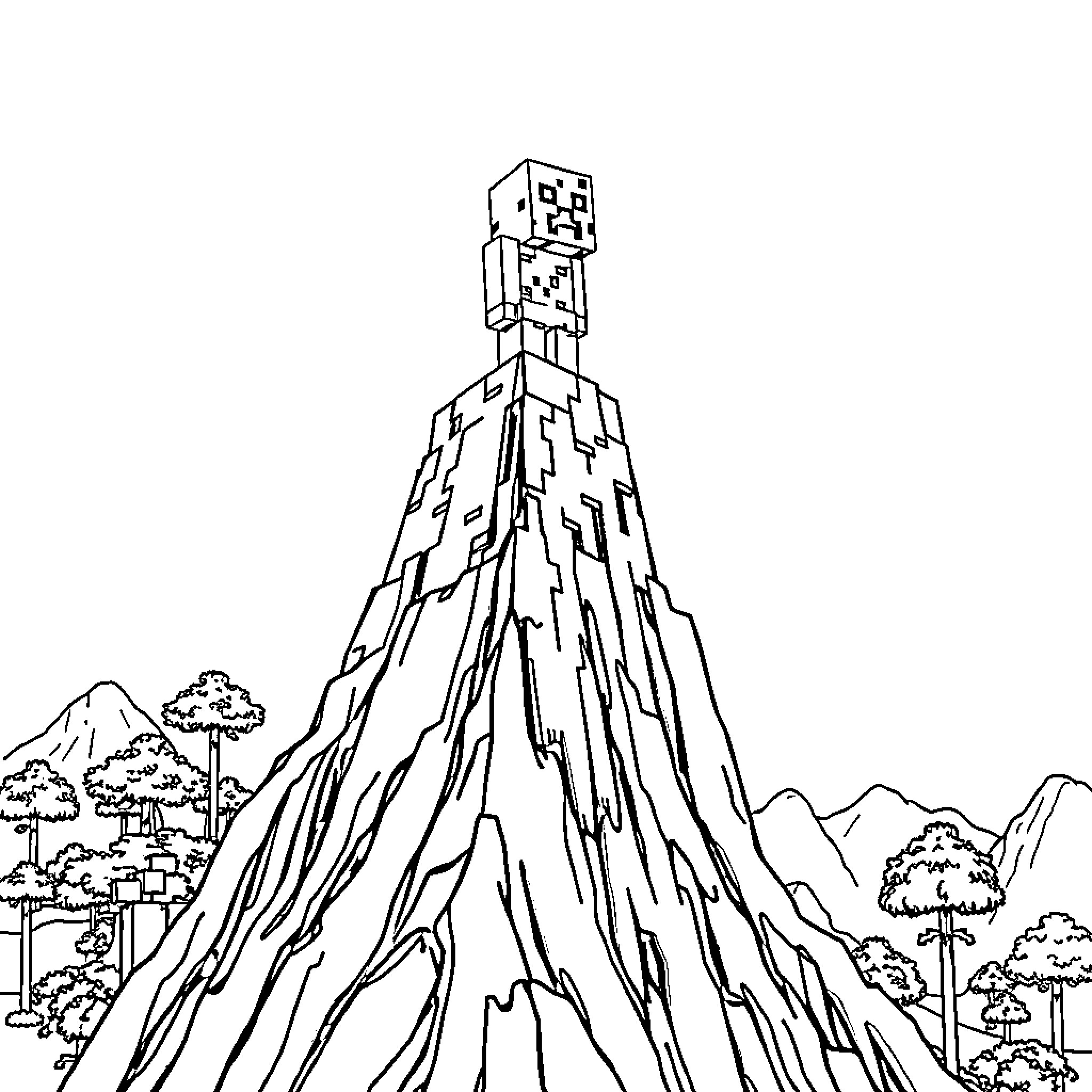 Creeper standing atop a rugged mountain landscape Coloring Page (free black-and-white line drawing printable PDF for all, from beginners to advanced learners, including children, teens, adults, and seniors)