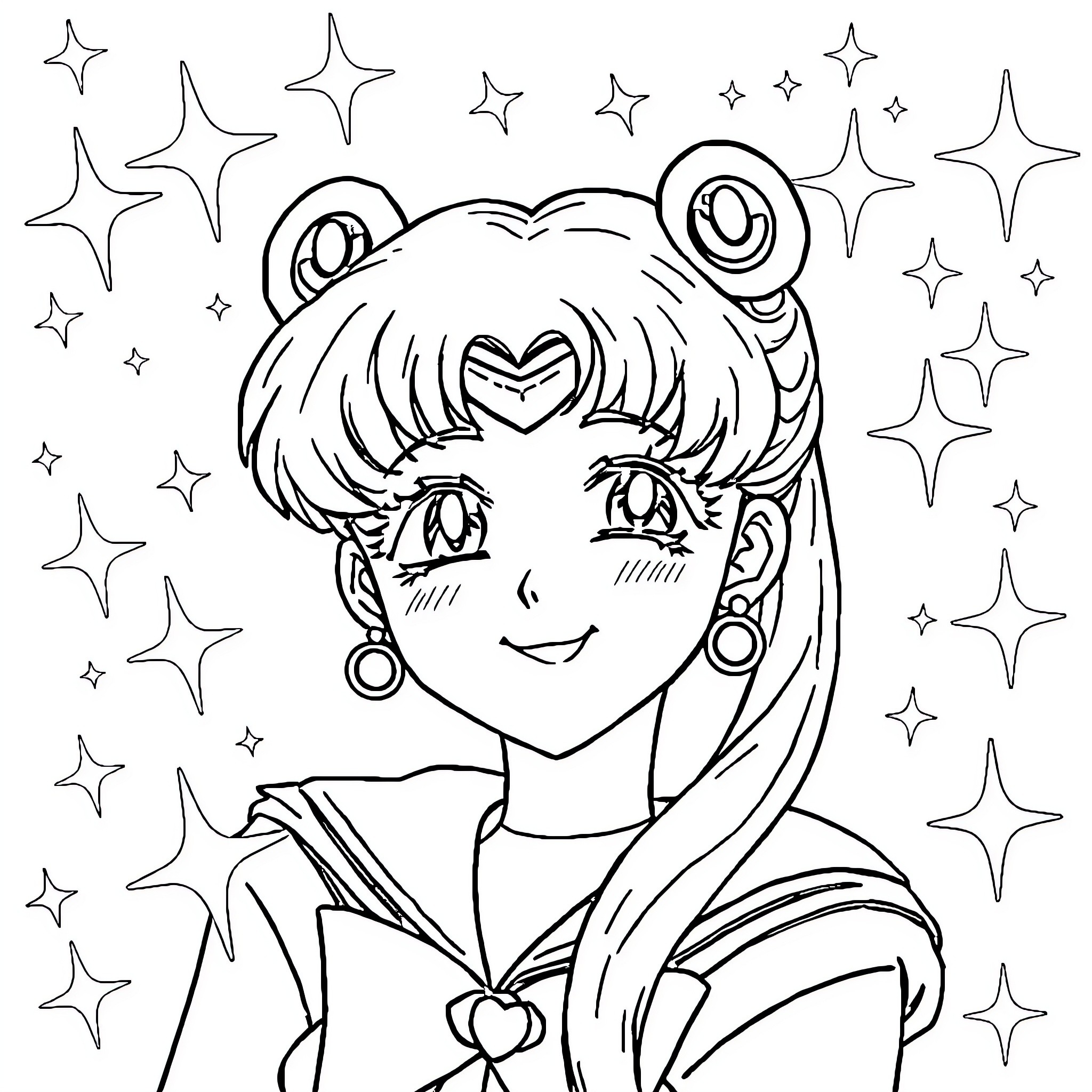 Sailor Moon Character in Starry Pose Coloring Page (free black-and-white line drawing printable PDF for all, from beginners to advanced learners, including children, teens, adults, and seniors)