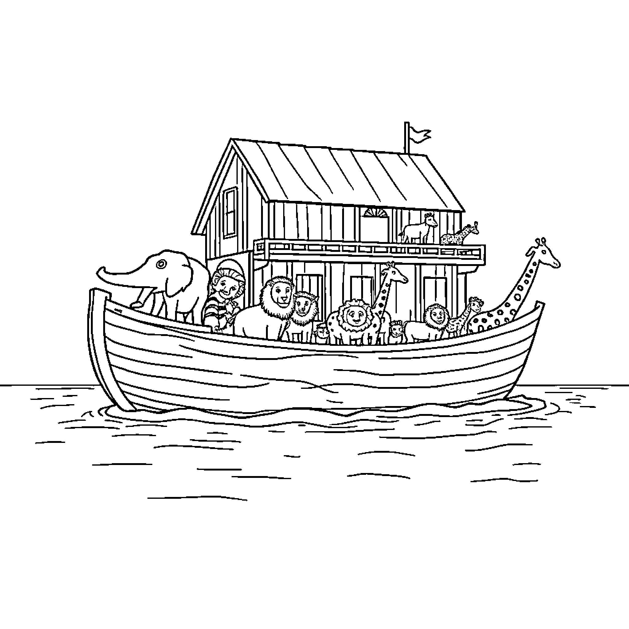 Noah's Ark with Diverse Animals and Passengers Coloring Page (free black-and-white line drawing printable PDF for all, from beginners to advanced learners, including children, teens, adults, and seniors)