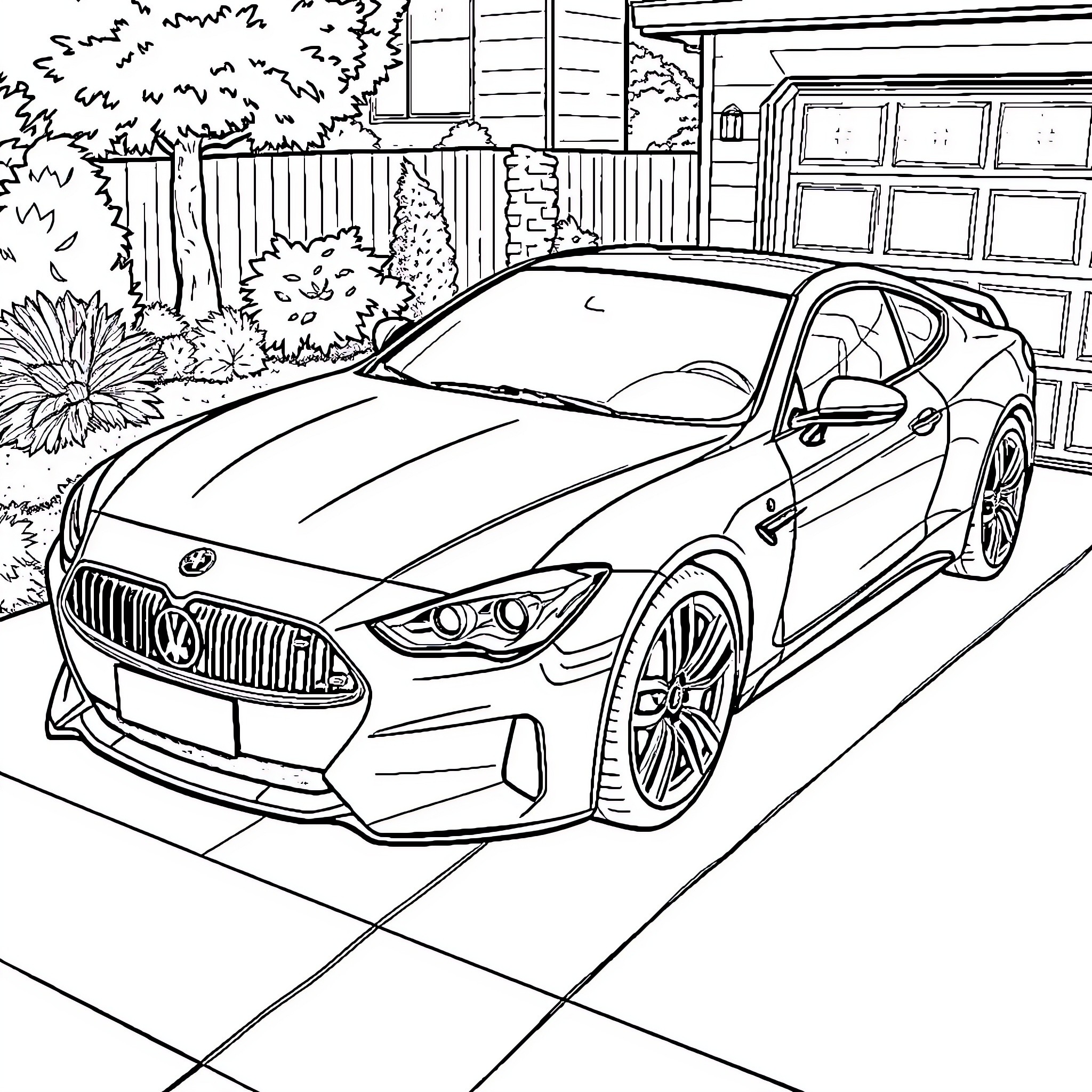 Car parked in a driveway beside a house Coloring Page (free black-and-white line drawing printable PDF for all, from beginners to advanced learners, including children, teens, adults, and seniors)
