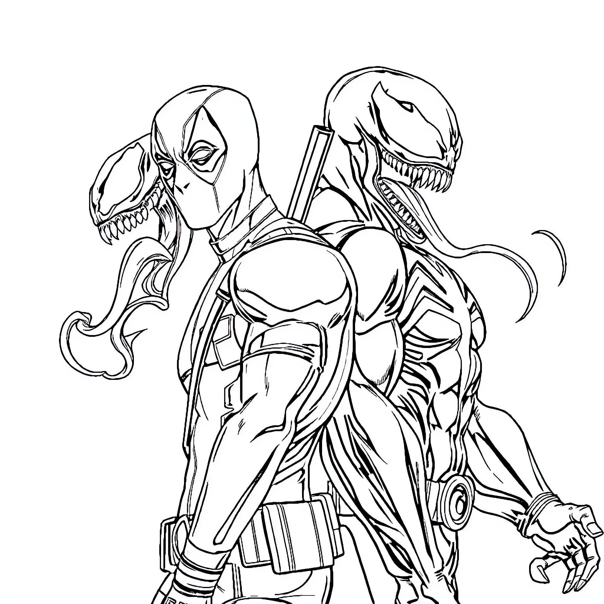 Deadpool facing off against an intimidating alien adversary Coloring Page (free black-and-white line drawing printable PDF for all, from beginners to advanced learners, including children, teens, adults, and seniors)