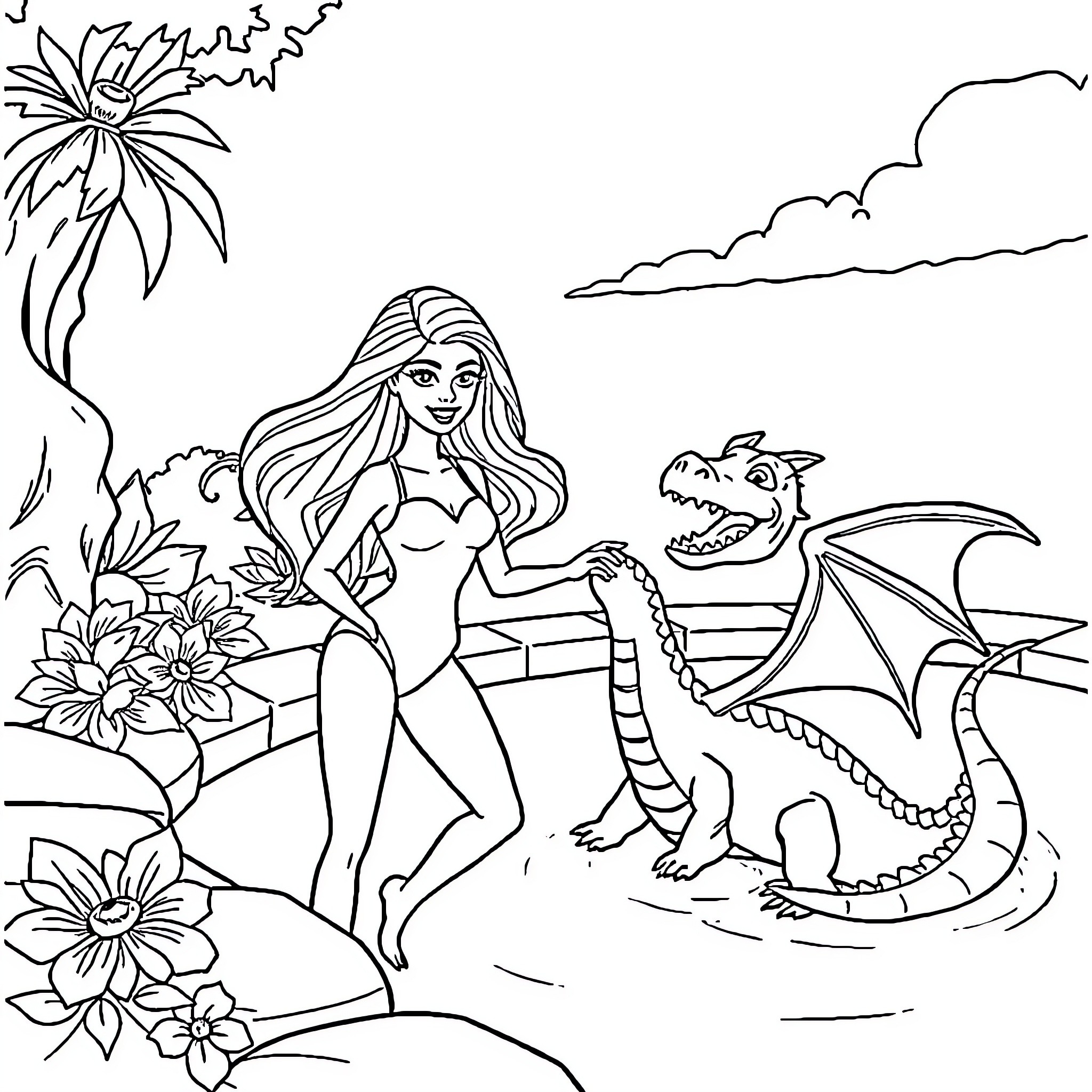 Barbie and her dragon friend in a tropical paradise Coloring Page (free black-and-white line drawing printable PDF for all, from beginners to advanced learners, including children, teens, adults, and seniors)