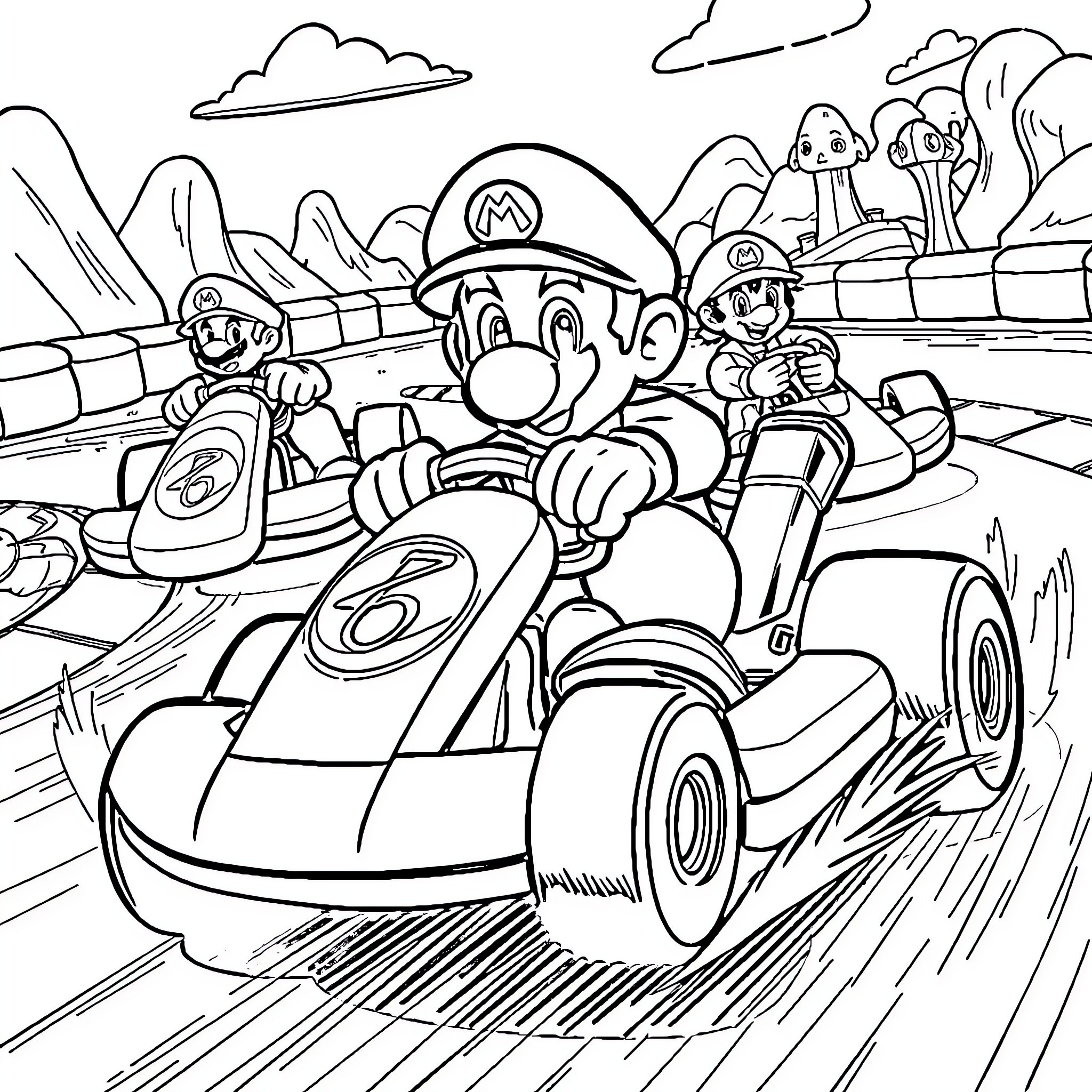 Mario Kart Racers Speeding through the Mushroom Kingdom Coloring Page (free black-and-white line drawing printable PDF for all, from beginners to advanced learners, including children, teens, adults, and seniors)