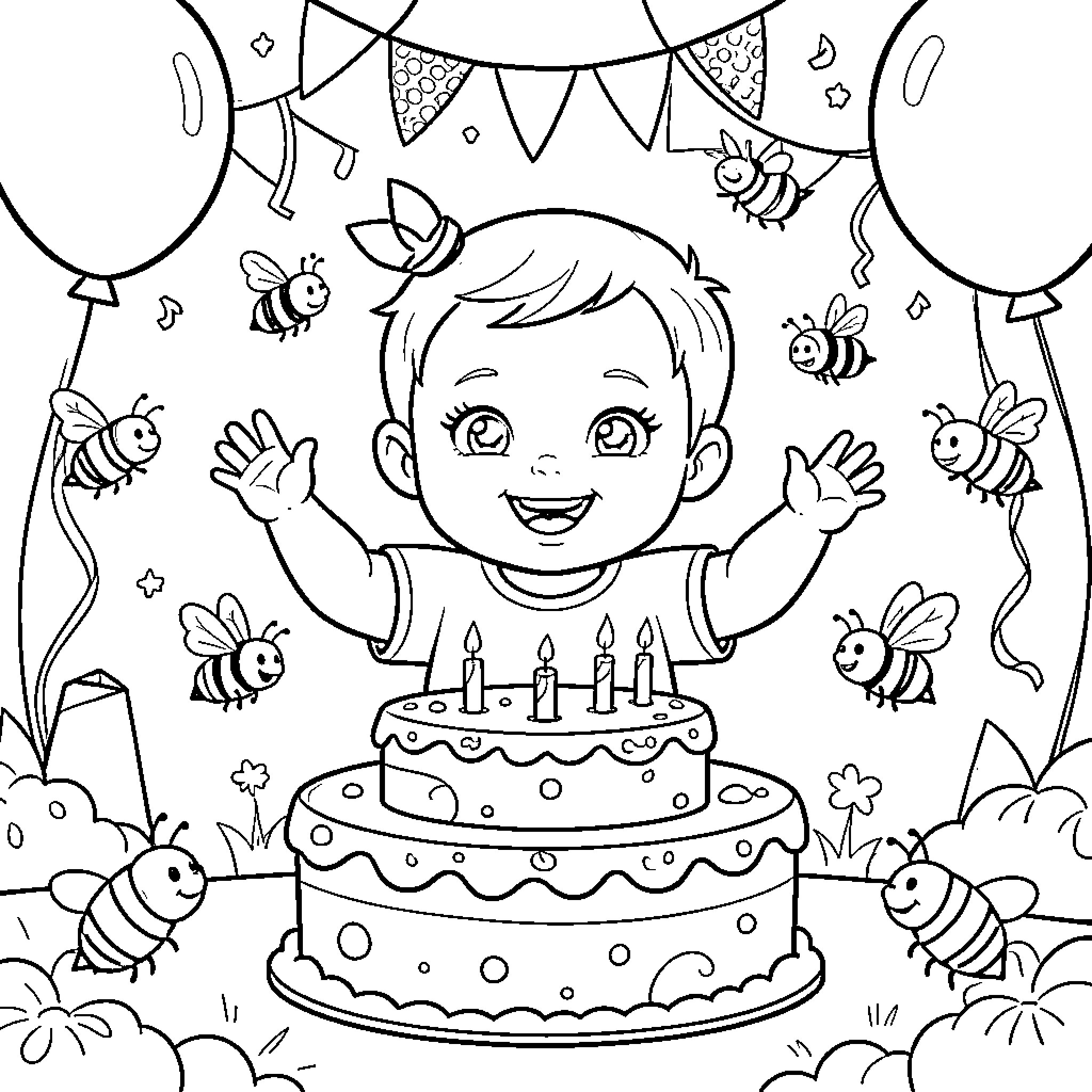 Baby celebrating birthday with balloons and bees Coloring Page (free black-and-white line drawing printable PDF for all, from beginners to advanced learners, including children, teens, adults, and seniors)