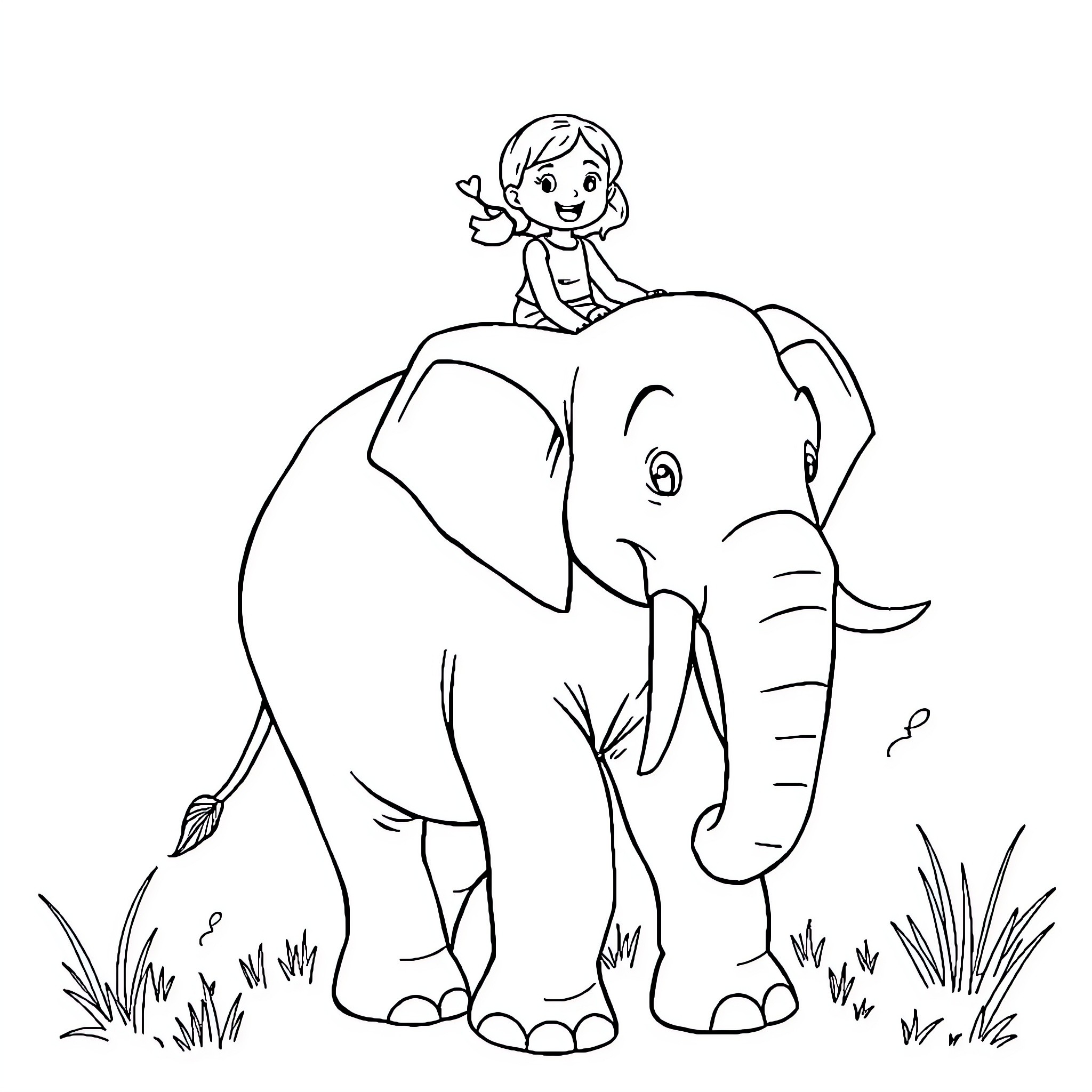 Girl riding playfully on elephant Coloring Page (free black-and-white line drawing printable PDF for all, from beginners to advanced learners, including children, teens, adults, and seniors)