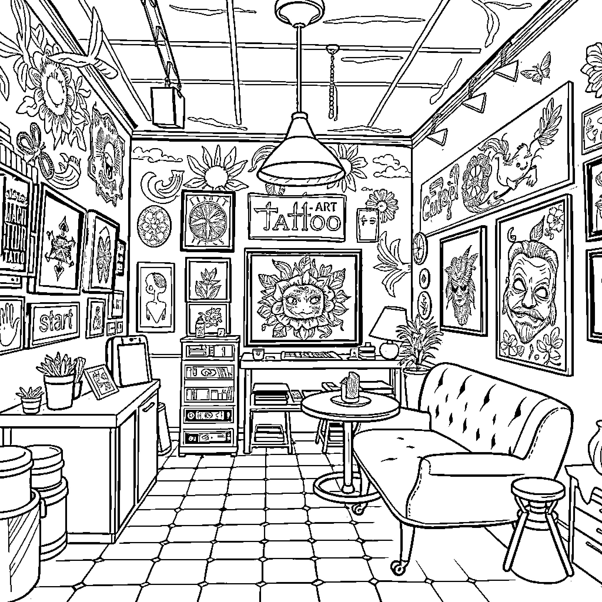 Tattoo Studio with Vibrant Artwork Decor Coloring Page (free black-and-white line drawing printable PDF for all, from beginners to advanced learners, including children, teens, adults, and seniors)