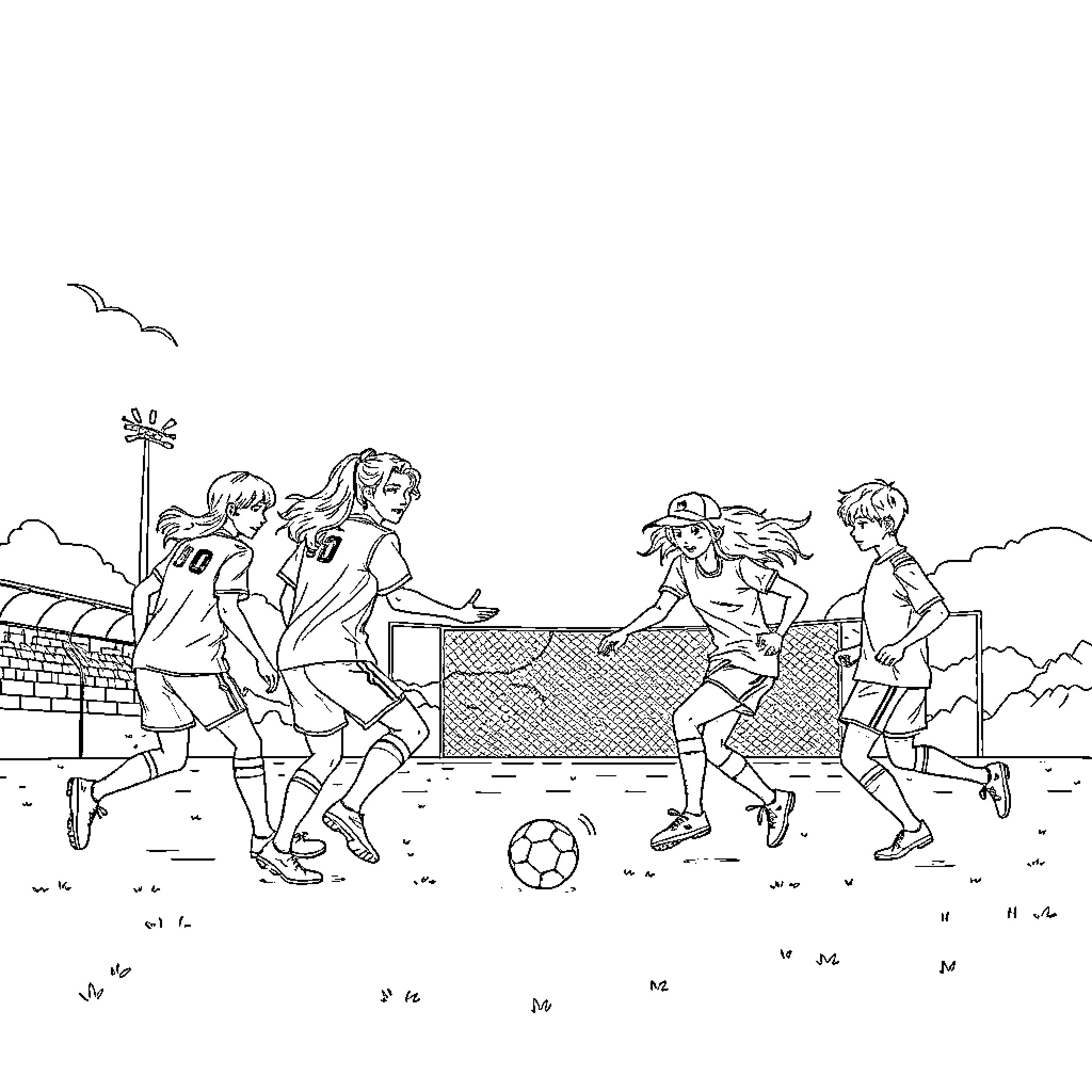 K Pop Soccer Celebration on Field Coloring Page (free black-and-white line drawing printable PDF for all, from beginners to advanced learners, including children, teens, adults, and seniors)