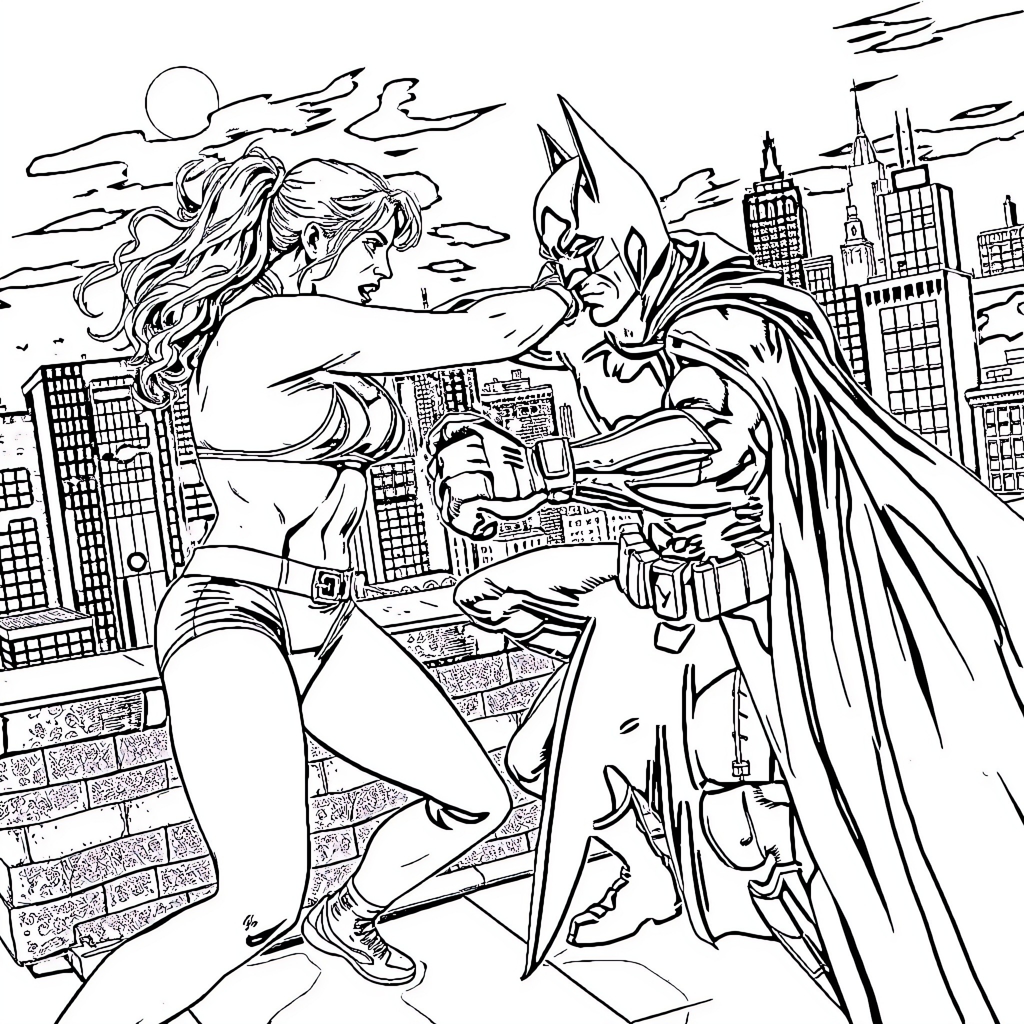 Ronda Rousey engaged in a fierce battle with Batman Coloring Page (free black-and-white line drawing printable PDF for all, from beginners to advanced learners, including children, teens, adults, and seniors)
