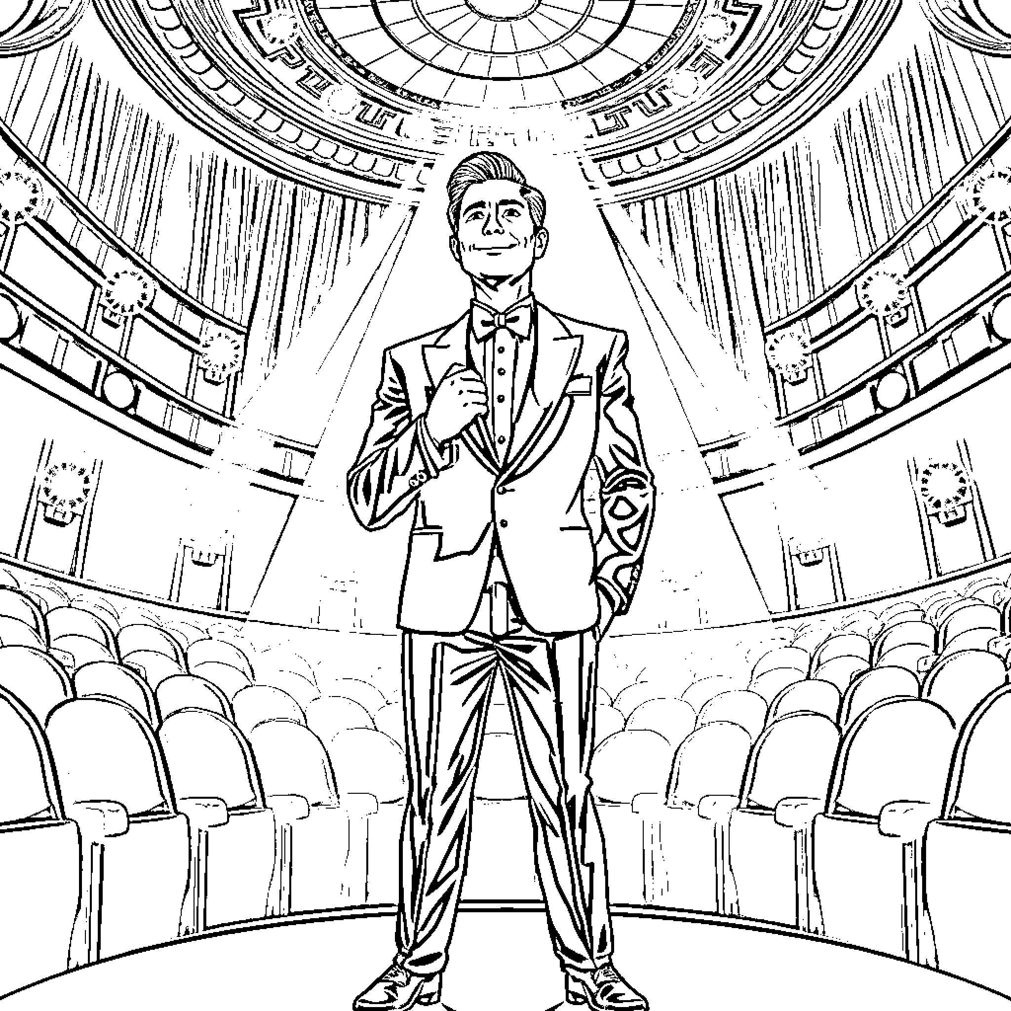 Comedian performing on stage in a grand theater Coloring Page (free black-and-white line drawing printable PDF for all, from beginners to advanced learners, including children, teens, adults, and seniors)