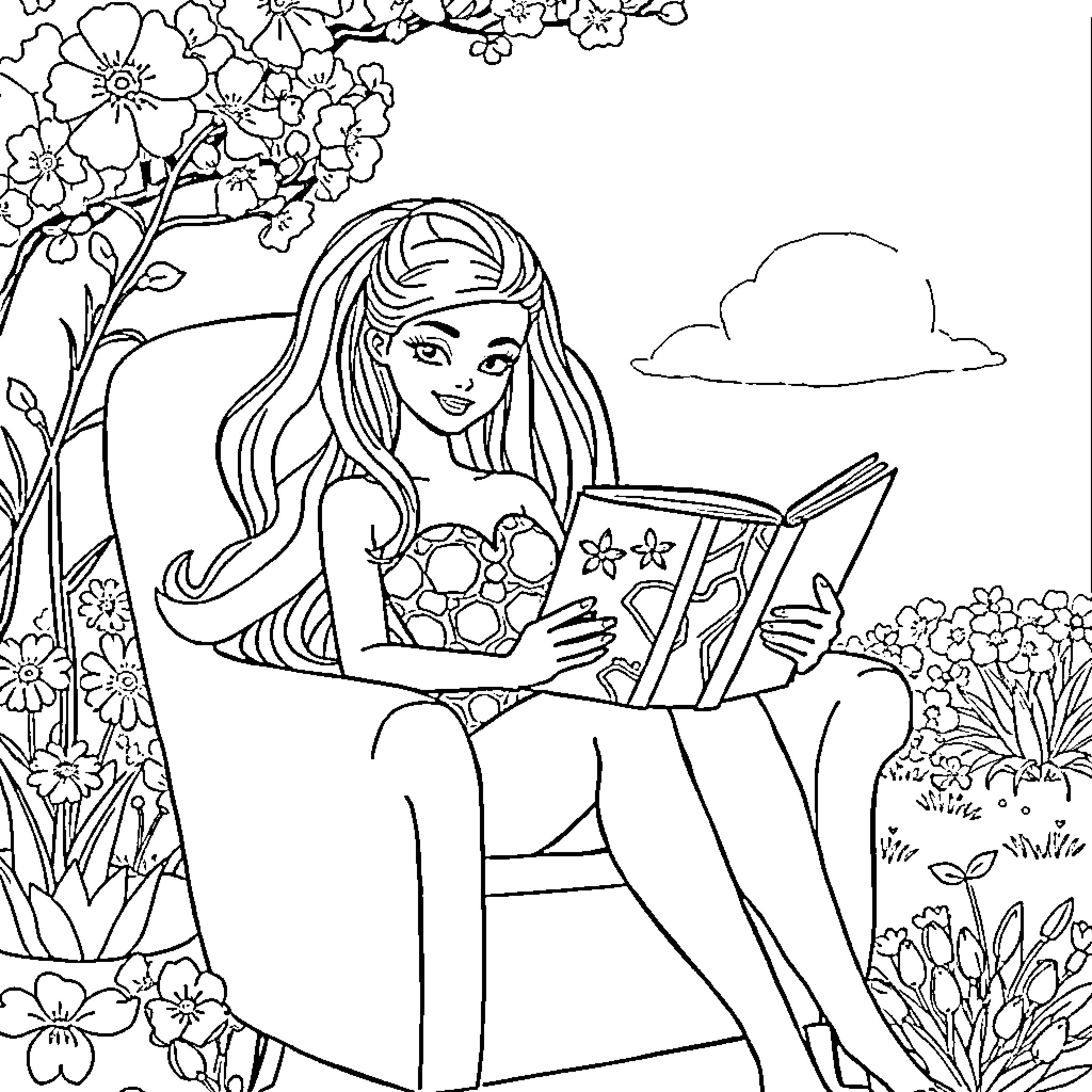 Barbie reading a book in a floral garden Coloring Page (free black-and-white line drawing printable PDF for all, from beginners to advanced learners, including children, teens, adults, and seniors)