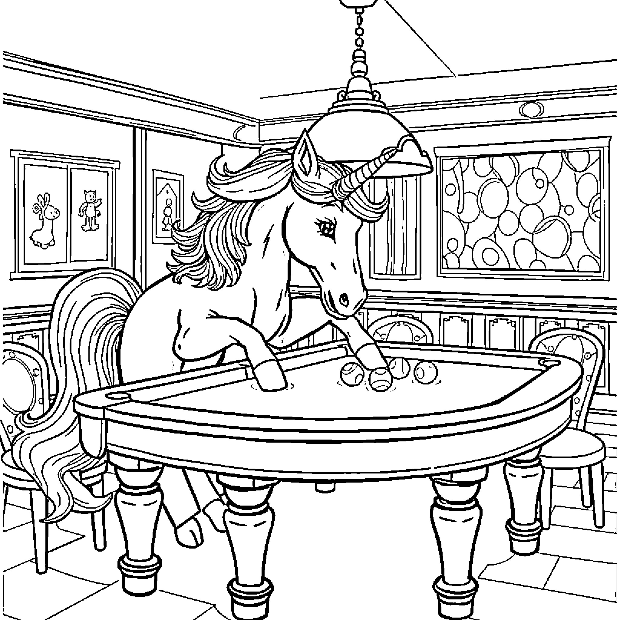 Unicorn taking a relaxing soak in the bathtub Coloring Page (free black-and-white line drawing printable PDF for all, from beginners to advanced learners, including children, teens, adults, and seniors)