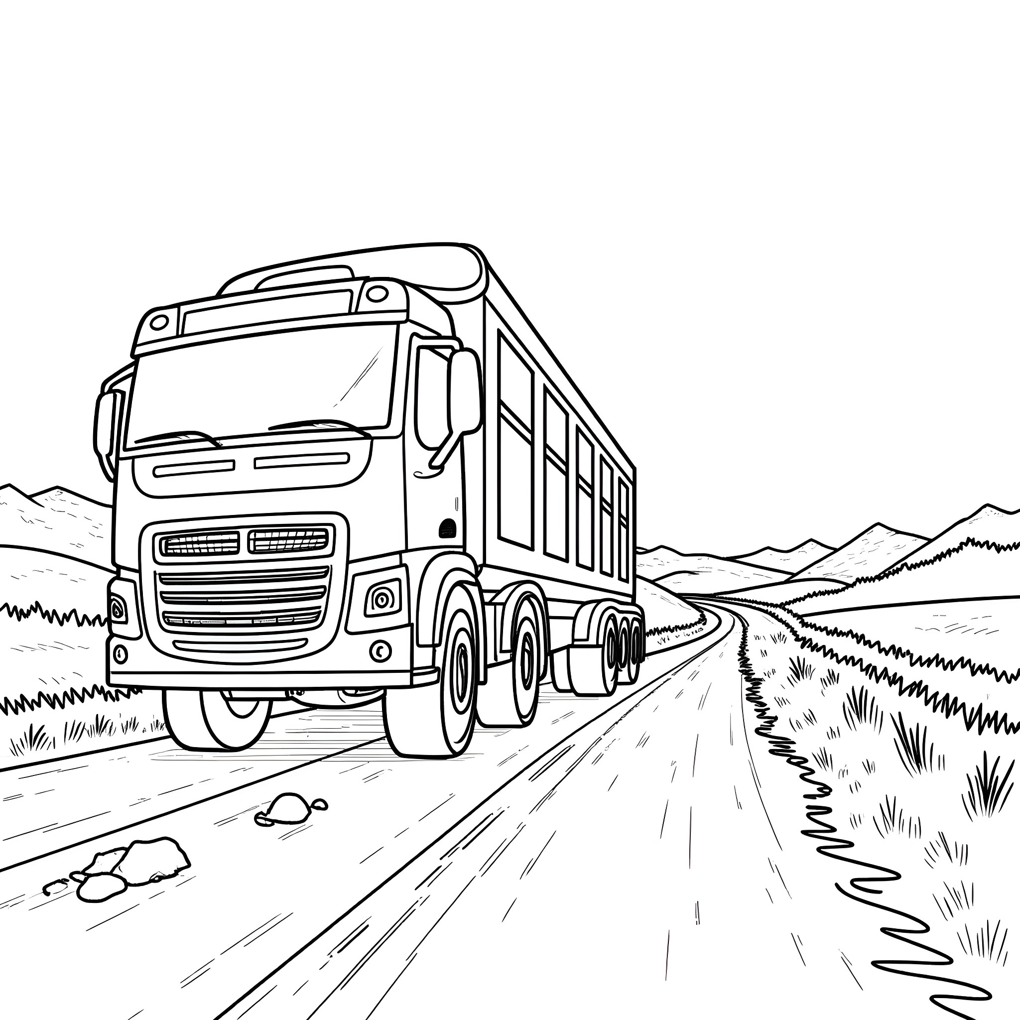 Dump Truck transporting heavy load on mountain road Coloring Page (free black-and-white line drawing printable PDF for all, from beginners to advanced learners, including children, teens, adults, and seniors)