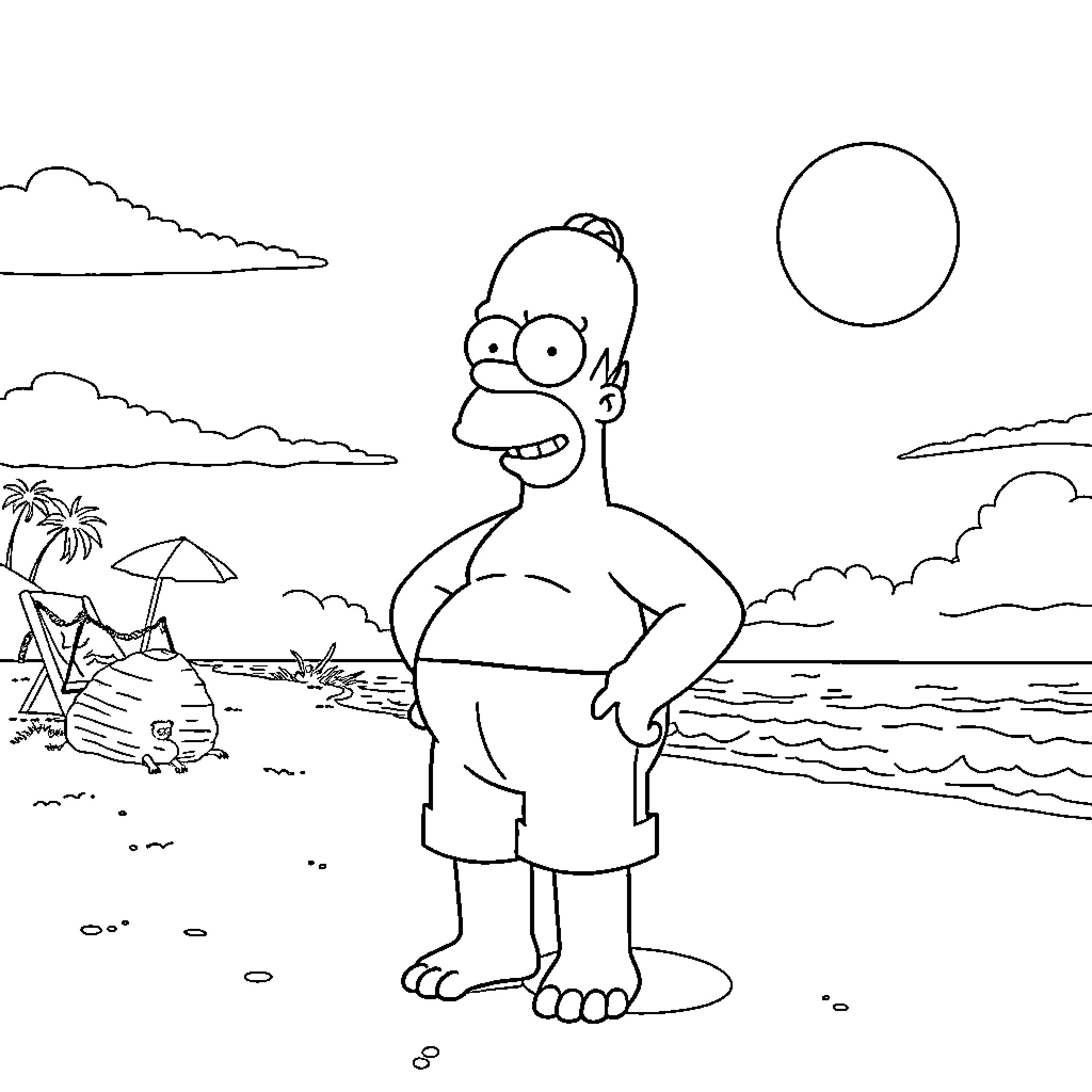 Homer Simpson enjoying a day at the beach Coloring Page (free black-and-white line drawing printable PDF for all, from beginners to advanced learners, including children, teens, adults, and seniors)