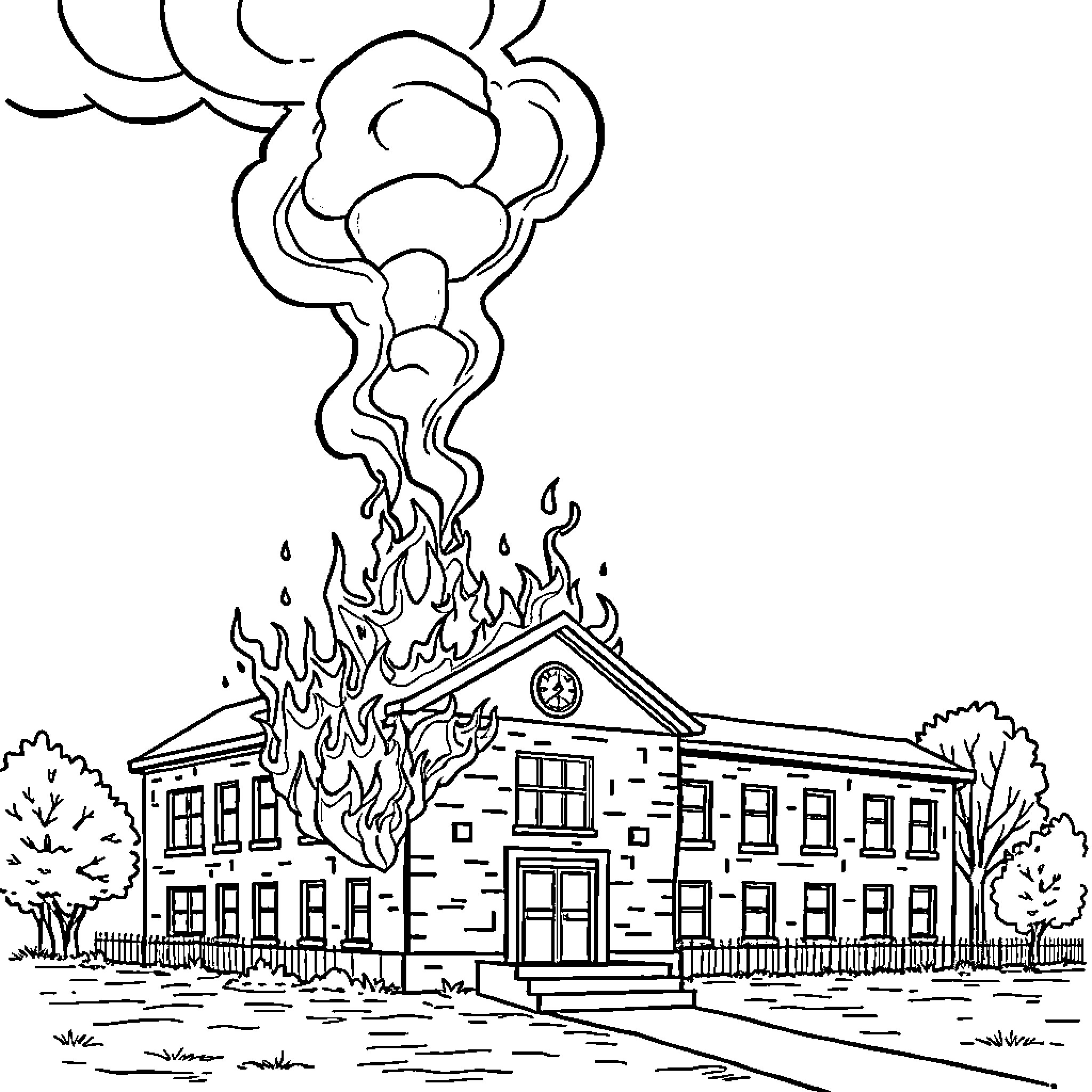 School building engulfed in flames Coloring Page (free black-and-white line drawing printable PDF for all, from beginners to advanced learners, including children, teens, adults, and seniors)