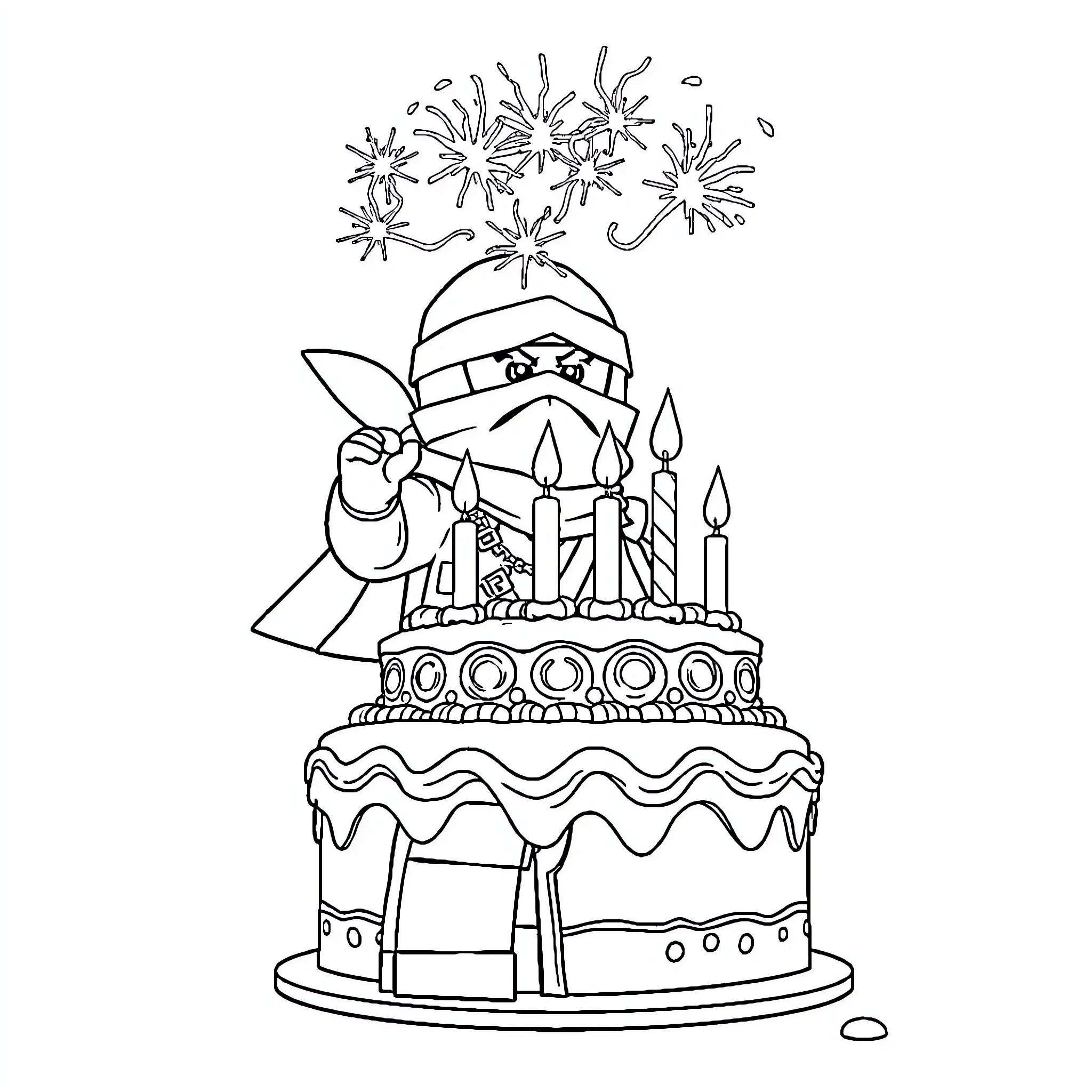 Lego Ninja celebrating with a birthday cake and fireworks Coloring Page (free black-and-white line drawing printable PDF for all, from beginners to advanced learners, including children, teens, adults, and seniors)