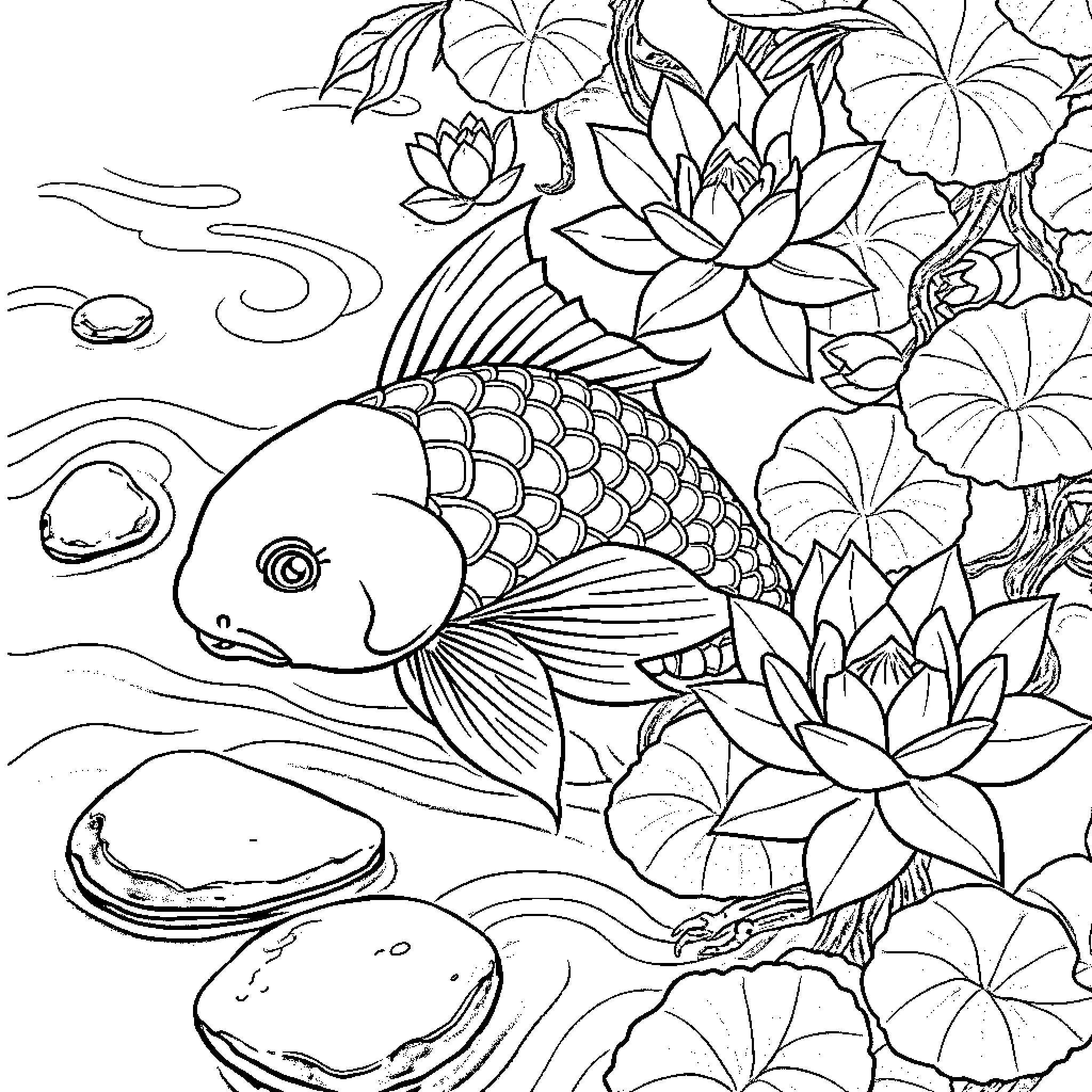 Koi Fish swimming amidst lush lotus flowers Coloring Page (free black-and-white line drawing printable PDF for all, from beginners to advanced learners, including children, teens, adults, and seniors)