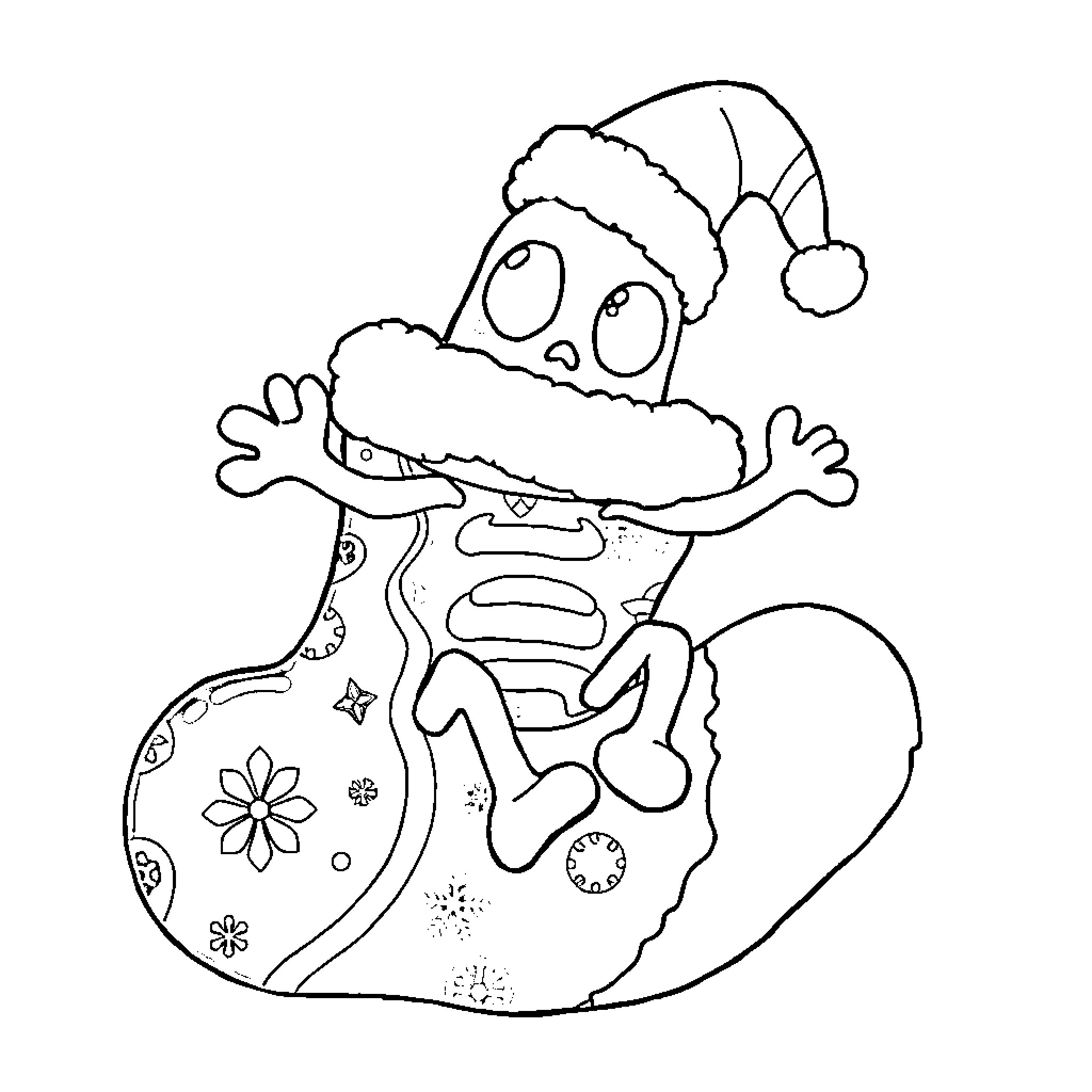 Bone Peely Creature in Whimsical Outfit Coloring Page (free black-and-white line drawing printable PDF for all, from beginners to advanced learners, including children, teens, adults, and seniors)