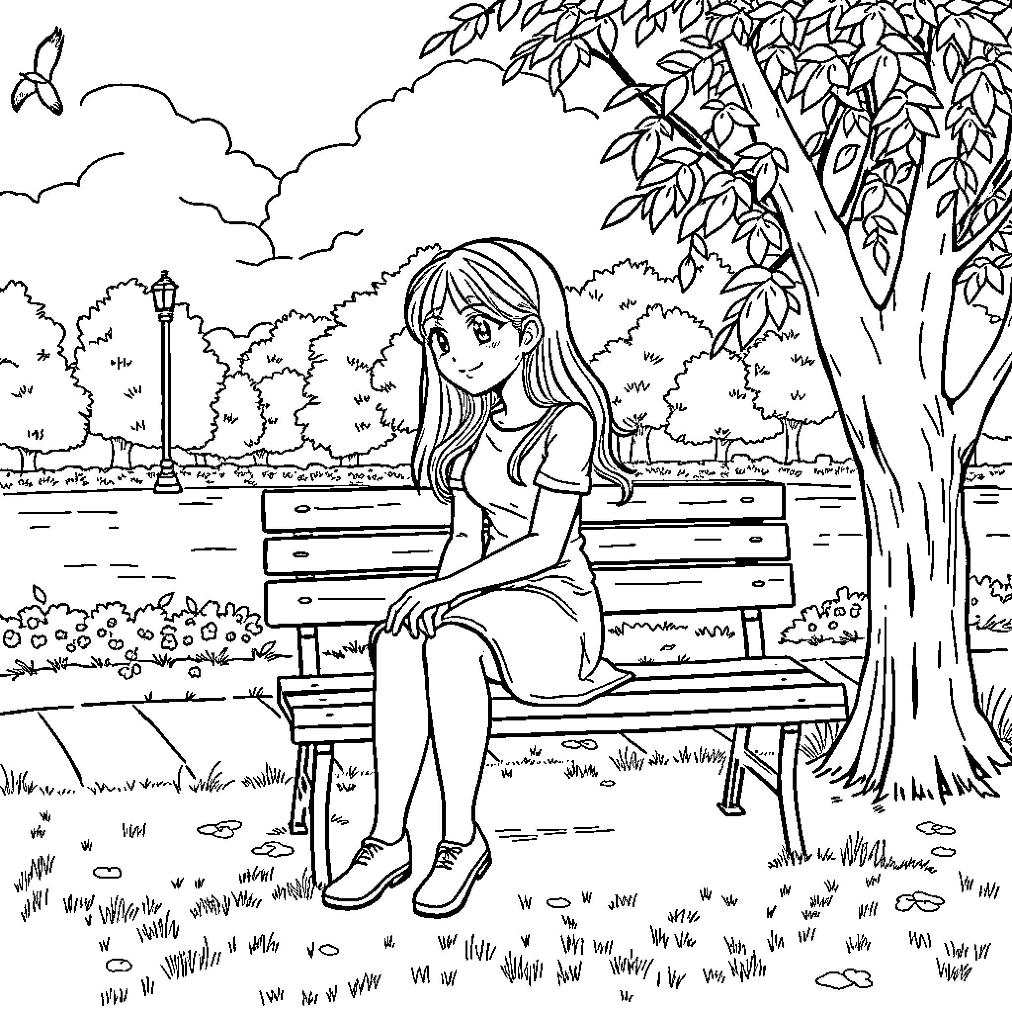 Neighborhood girl enjoying a quiet moment in the park Coloring Page (free black-and-white line drawing printable PDF for all, from beginners to advanced learners, including children, teens, adults, and seniors)