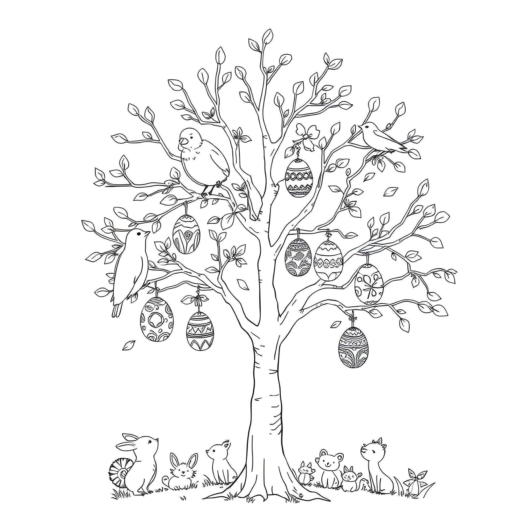 Tree with Easter-themed Decorations and Animals Coloring Page (free black-and-white line drawing printable PDF for all, from beginners to advanced learners, including children, teens, adults, and seniors)