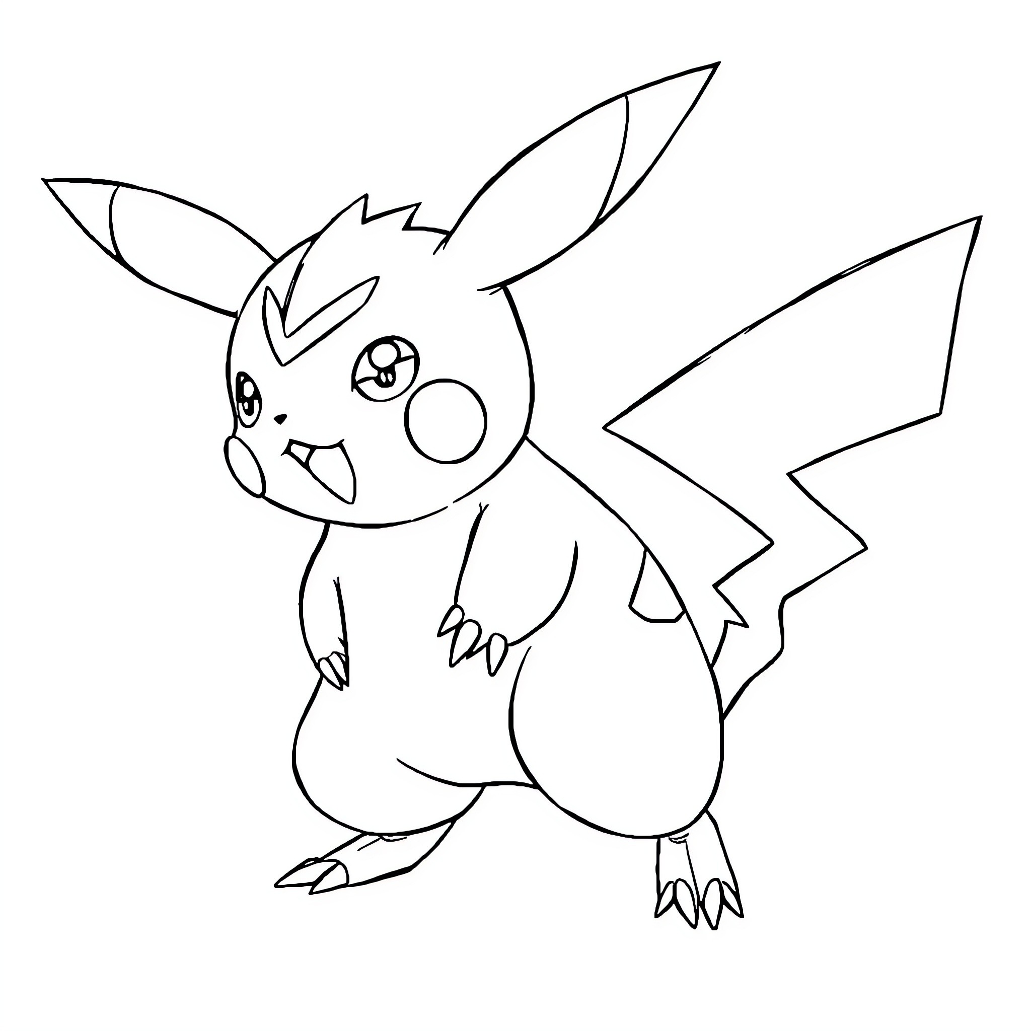 Pikachu cheerfully posing in outline Coloring Page (free black-and-white line drawing printable PDF for all, from beginners to advanced learners, including children, teens, adults, and seniors)