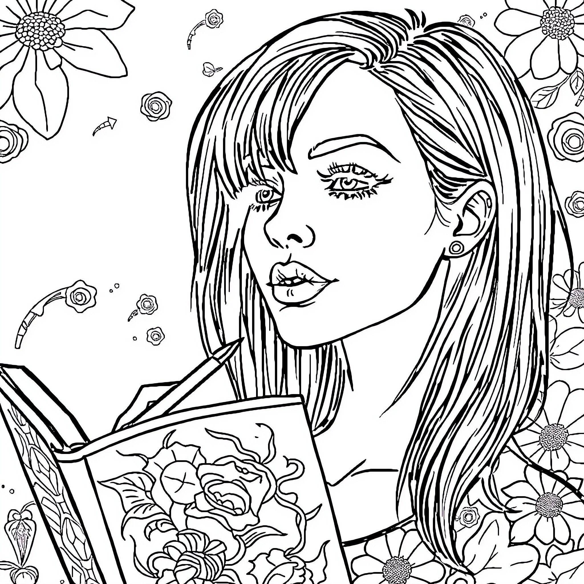 Woman contemplating a coloring book amid flowers Coloring Page (free black-and-white line drawing printable PDF for all, from beginners to advanced learners, including children, teens, adults, and seniors)