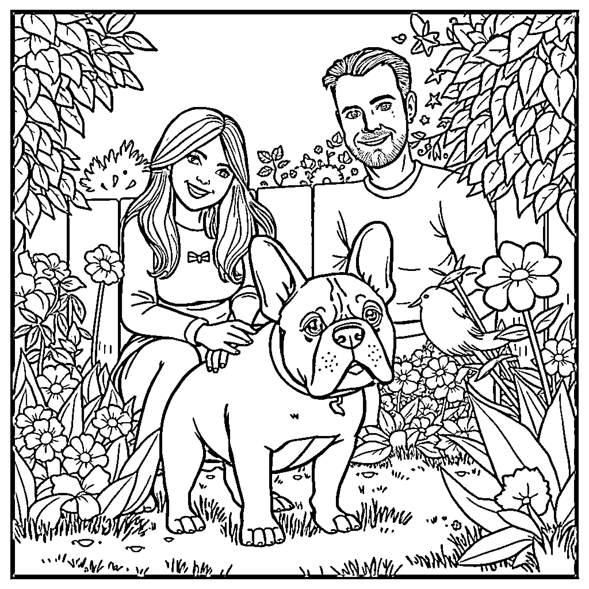 Family Enjoying Nature with Beloved Pet Coloring Page (free black-and-white line drawing printable PDF for all, from beginners to advanced learners, including children, teens, adults, and seniors)