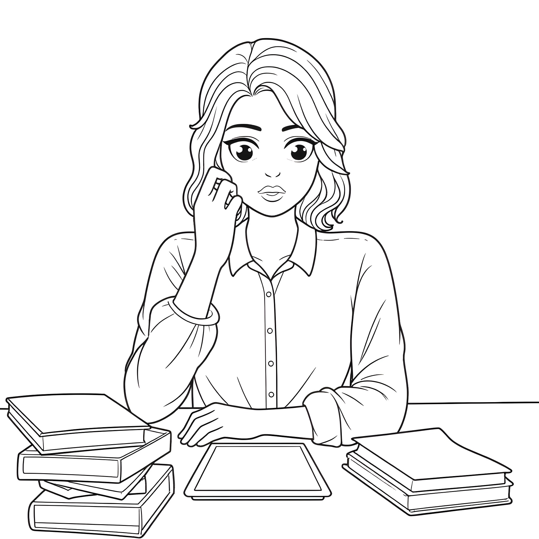 Teacher working diligently at her desk Coloring Page (free black-and-white line drawing printable PDF for all, from beginners to advanced learners, including children, teens, adults, and seniors)
